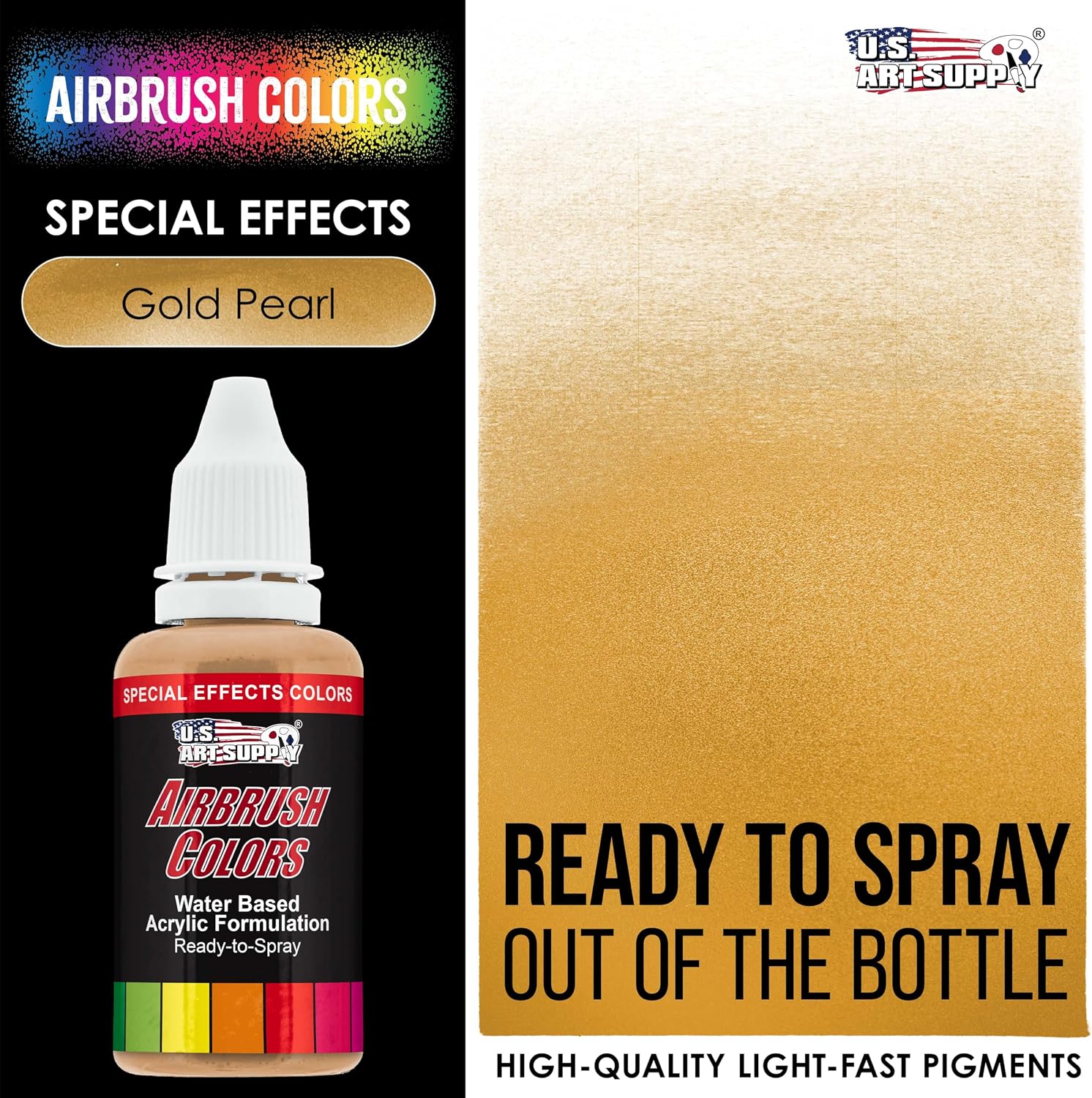 U.S. Art Supply Ready to Spray Special Effects Gold Pearl Acrylic Airbrush Paint - 1oz Bottle, Professional Grade Non-Toxic Water-Based Colors for Vibrant & Permanent Results