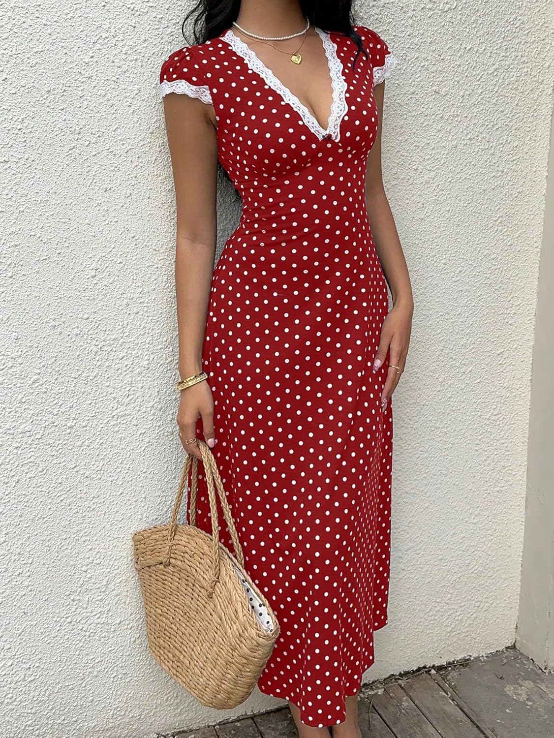 Milumia Women's Polka Dots Lace Trim Deep V Neck Dress Short Sleeve Flared Long Dresses