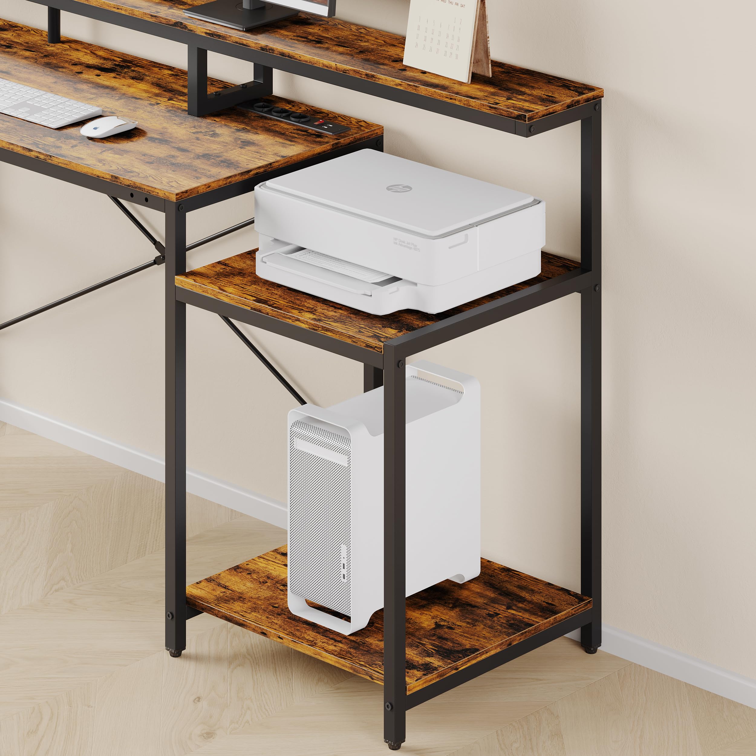 Bestier Gaming Tisch, 181x80 cm Schreibtisch mit LED-Leuchten, L-förmiger Schreibtische mit 3 AC-Steckdosen und 2 USB Ladeanschluss, Computertisch mit großzügiger Monitorablage, Kohlefaser