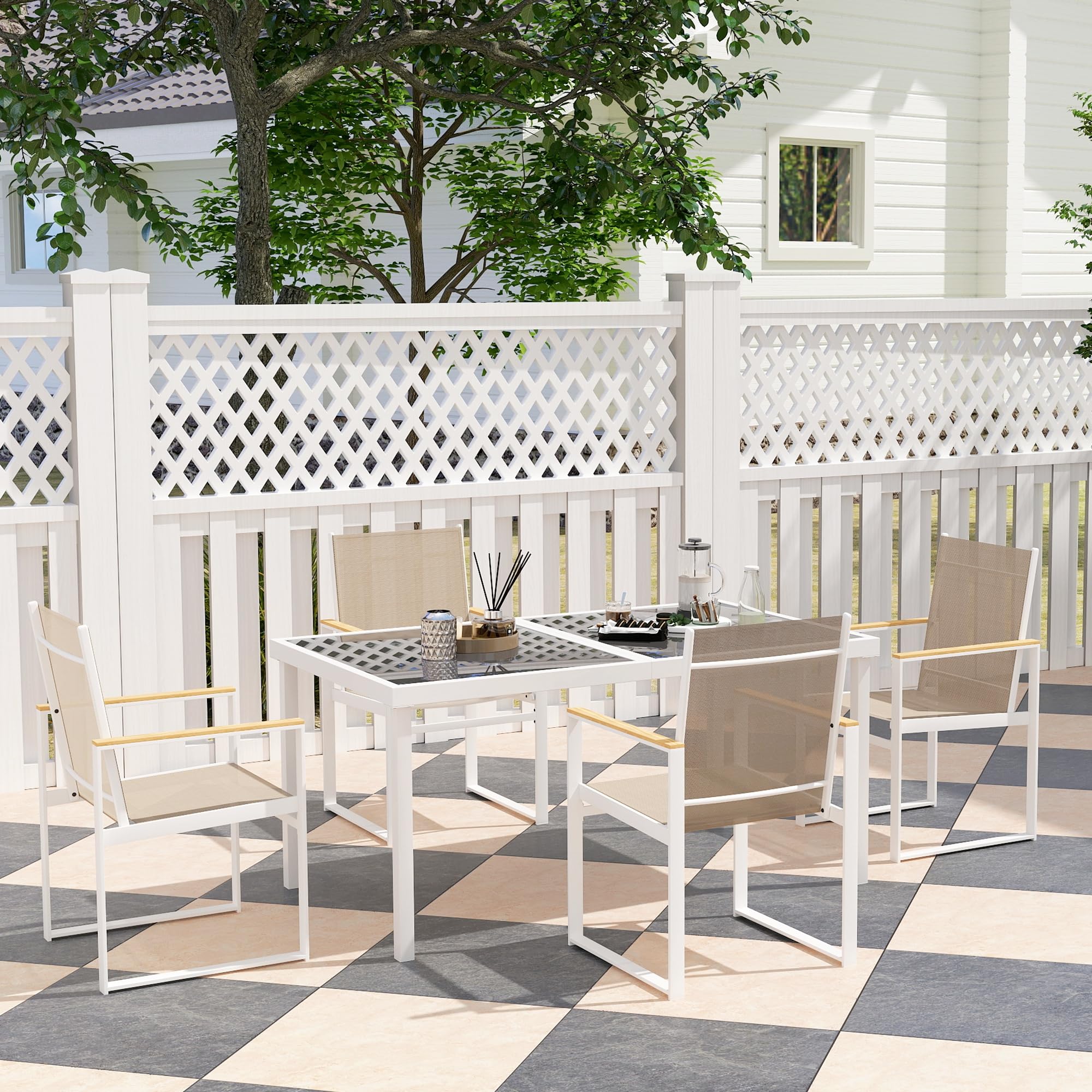 Outsunny Set Tavolo da Giardino con Sedie da 5 Pezzi in Vetro Multicolore | Set da Pranzo, 4 Sedie da Esterno con Braccioli e Schienale Alto, Set di Mobili in Acciaio e Textilene