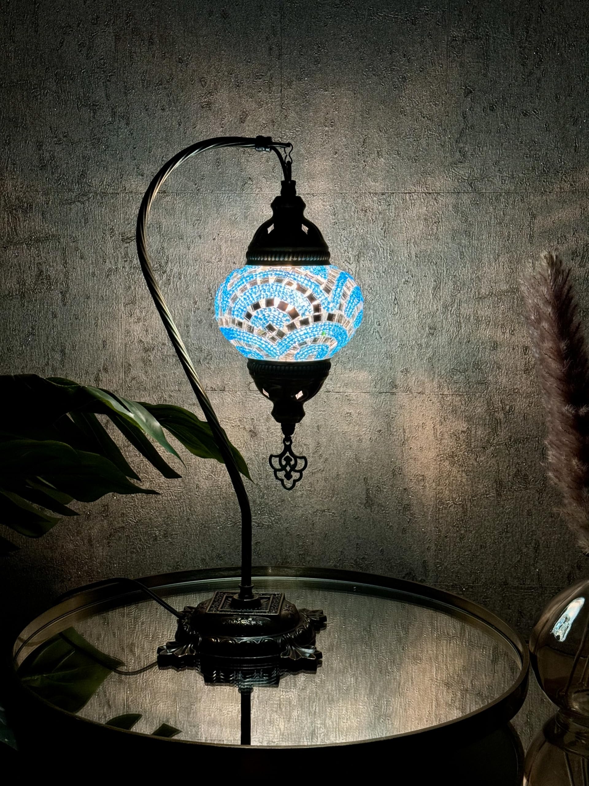 Lightza Handmade Turkish Moroccan Mosaic Desk Lamp LED Bulb | Swan Neck Unique Globe Lampshade Table Light | UK Tested Safe Energy Efficient (Blue Big) — image 1