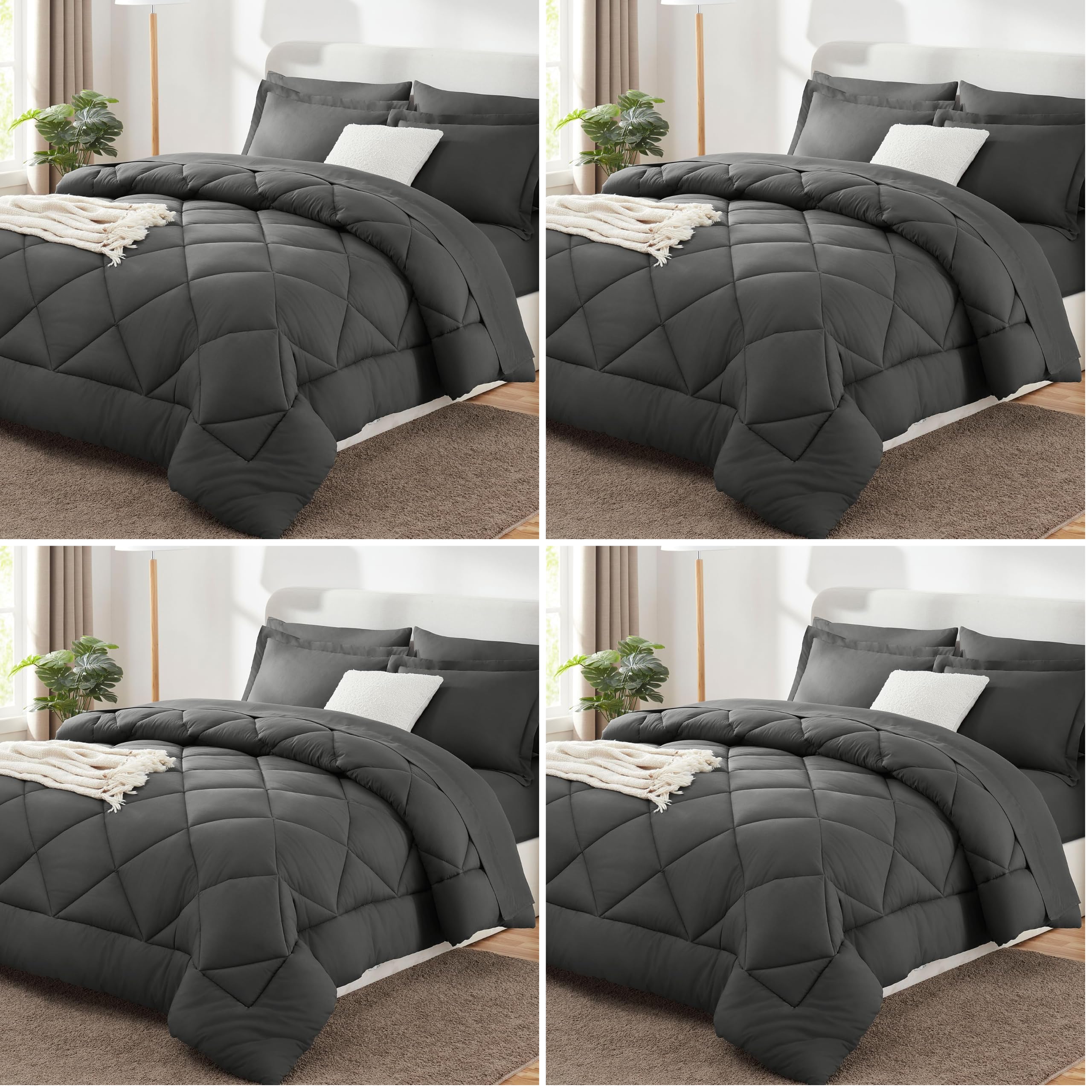 CozyLux Queen Comforter Set Dark Grey - Bed in a Bag Queen Size 7 Pieces, Luxury Soft Bed Set for All Seasons, Bedding Set with Comforter, Sheets, Pillowcases &amp; Shams, Dark Gray, Queen (Pack of 4)