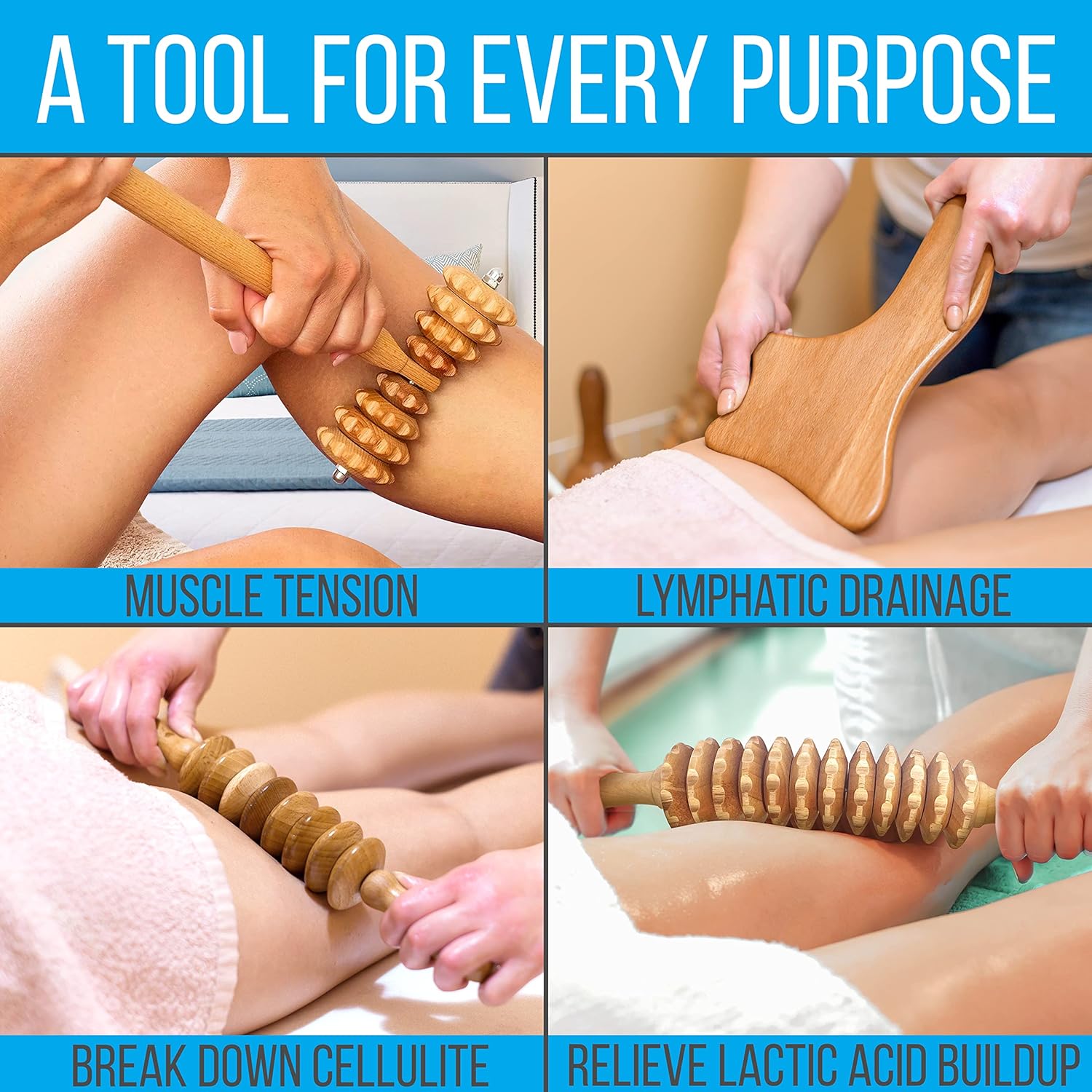 SereneLife 6 Pcs Wooden Massage Roller Kit for Body Sculpting w/Hard Case, Anti Cellulite Lymphatic Drainage Tool Set