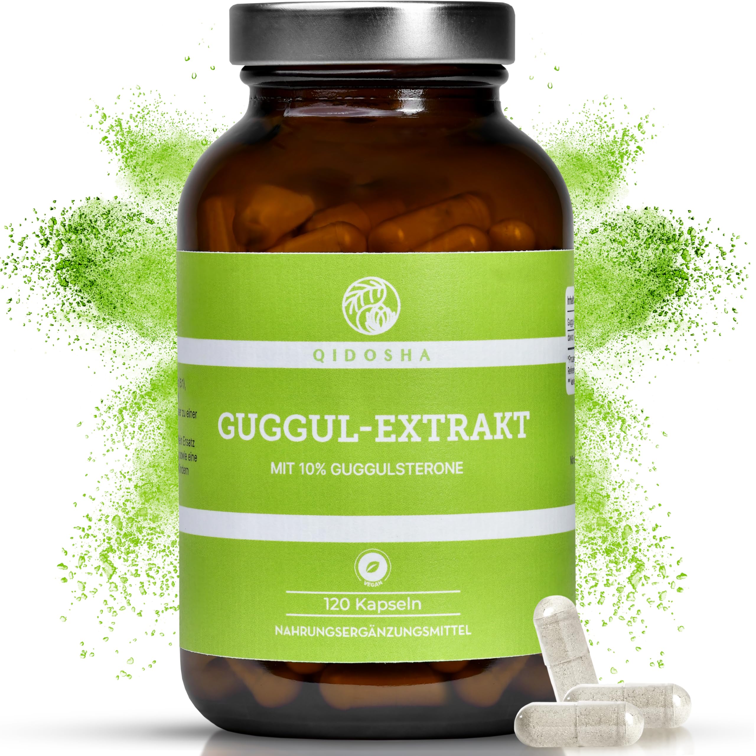 QIDOSHA® Guggul Extrakt Kapseln hochdosiert mit 10% Guggulsterone, 120 Guggulu Kapseln im Apothekerglas, Guggulu Extrakt 500mg je Kapsel mit 50mg Guggulsterone, höchster Guggulsterone-Anteil am Markt