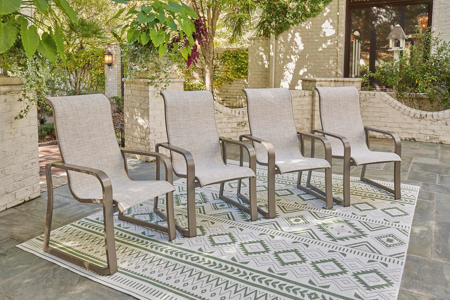 Signature Design by Ashley Beach Front Casual Outdoor Stackable Faux Leather Sling Arm Chair, Set of 4, Light Brown