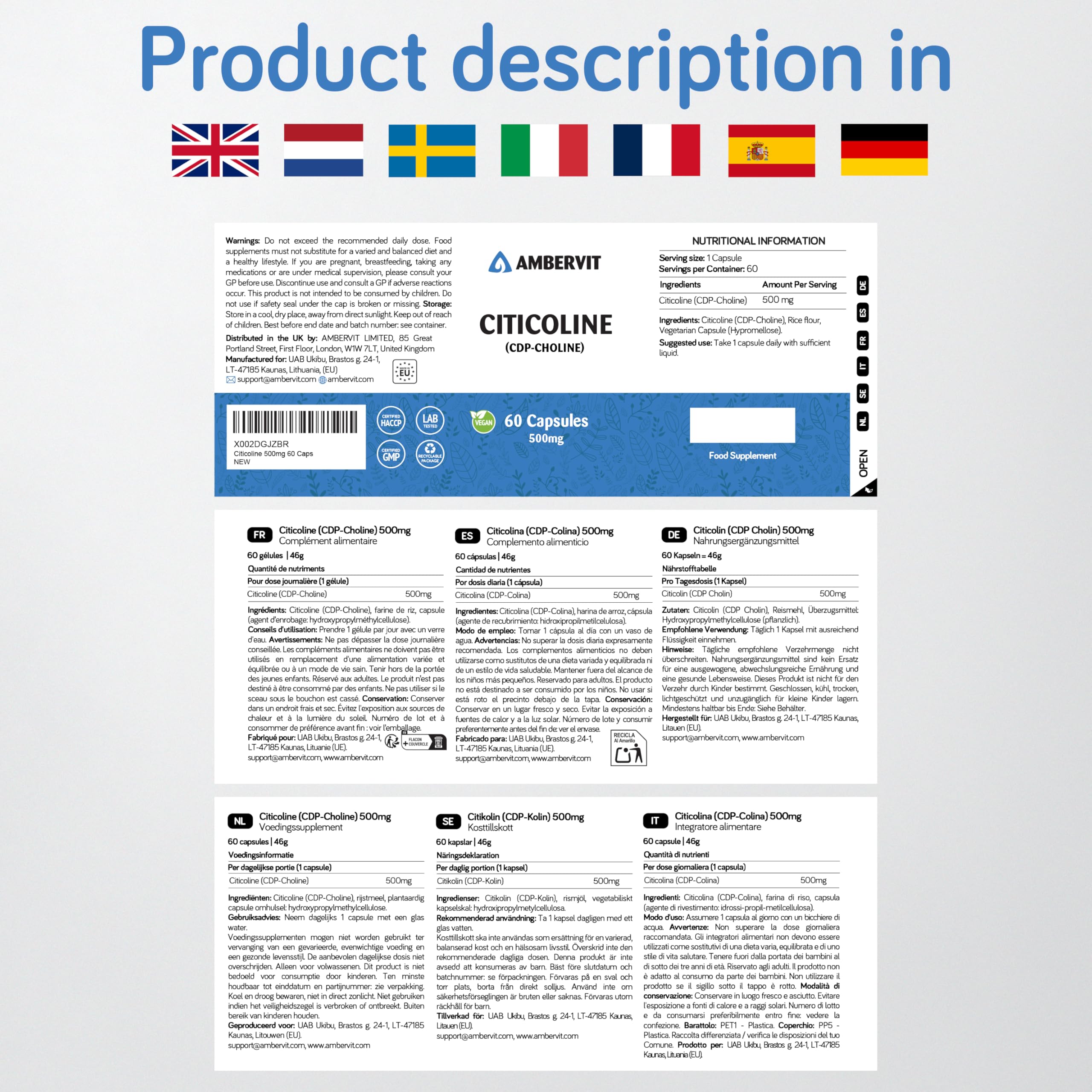 Citicoline CDP Choline 500mg - 60 Capsules - Dosage élevé pour la mémoire, la concentration et le soutien mental - Sans additifs indésirables - 2 mois d'approvisionnement | Ambervit