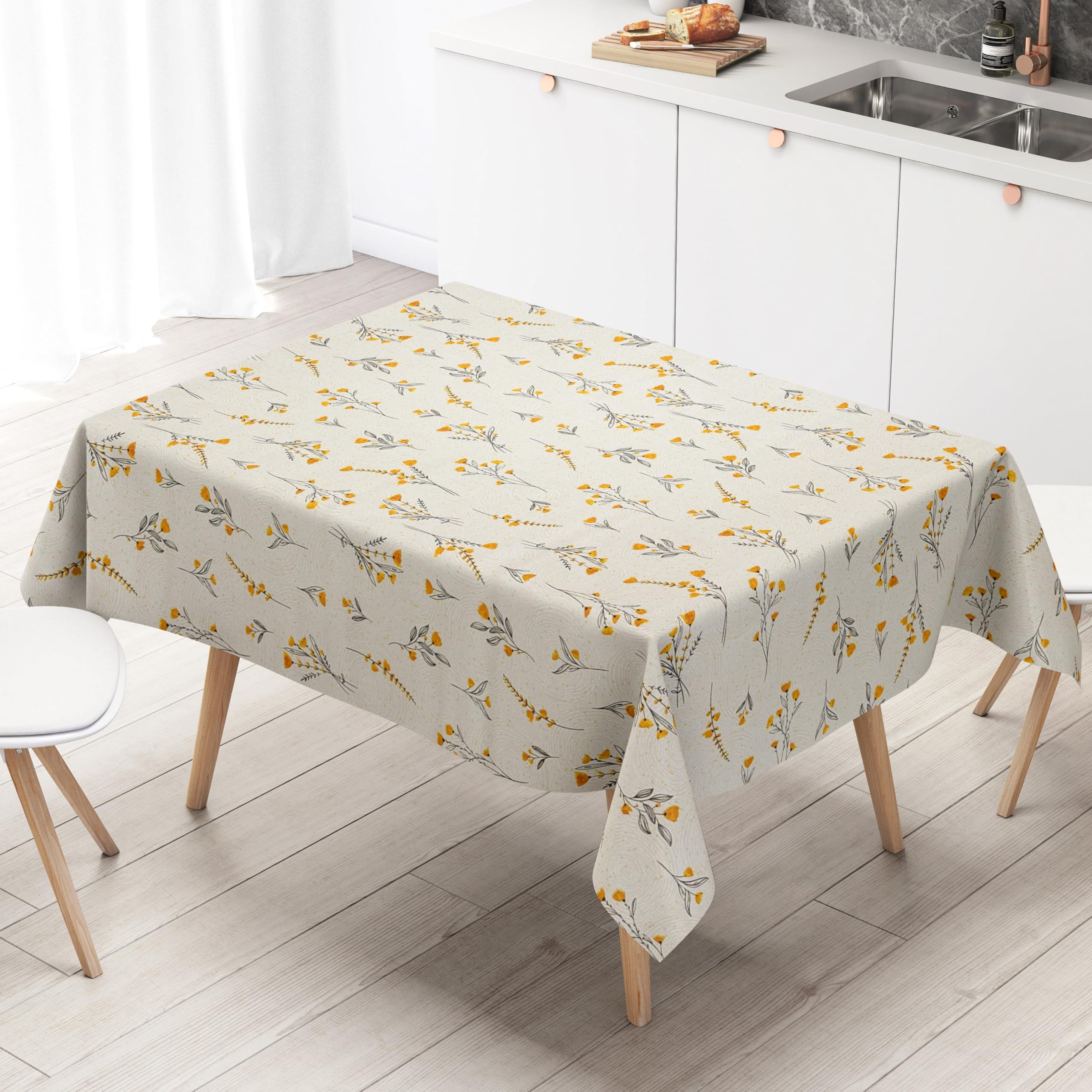 KEVKUS Wachstuch Tischdecke geprägt P1165-1 Wiesenblumen gelb Kreise wählbar in eckig, rund und oval - Größe oval 140x300cm mit Paspelband