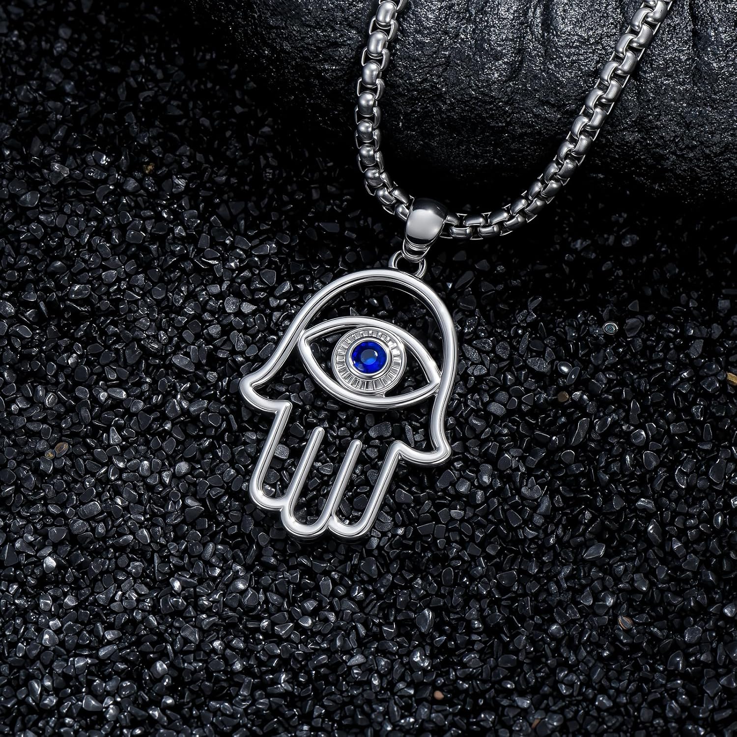 Hamsa Evil Eye Necklace 925 Sterling Silver Fatima Hamsa Pendant with Blue Cubic Zircona Luck Amulet Jewelry Gift for Men Women - Image 2