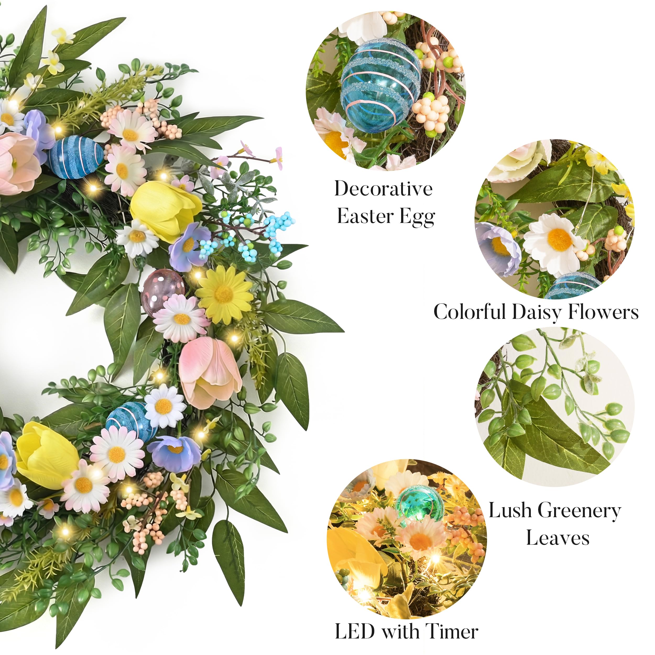 Valery Madelyn Corona de Pascua plegable preiluminada de 24 pulgadas para puerta delantera, corona de puerta de primavera iluminada con huevo pastel y flor de margarita, decoración de granja de