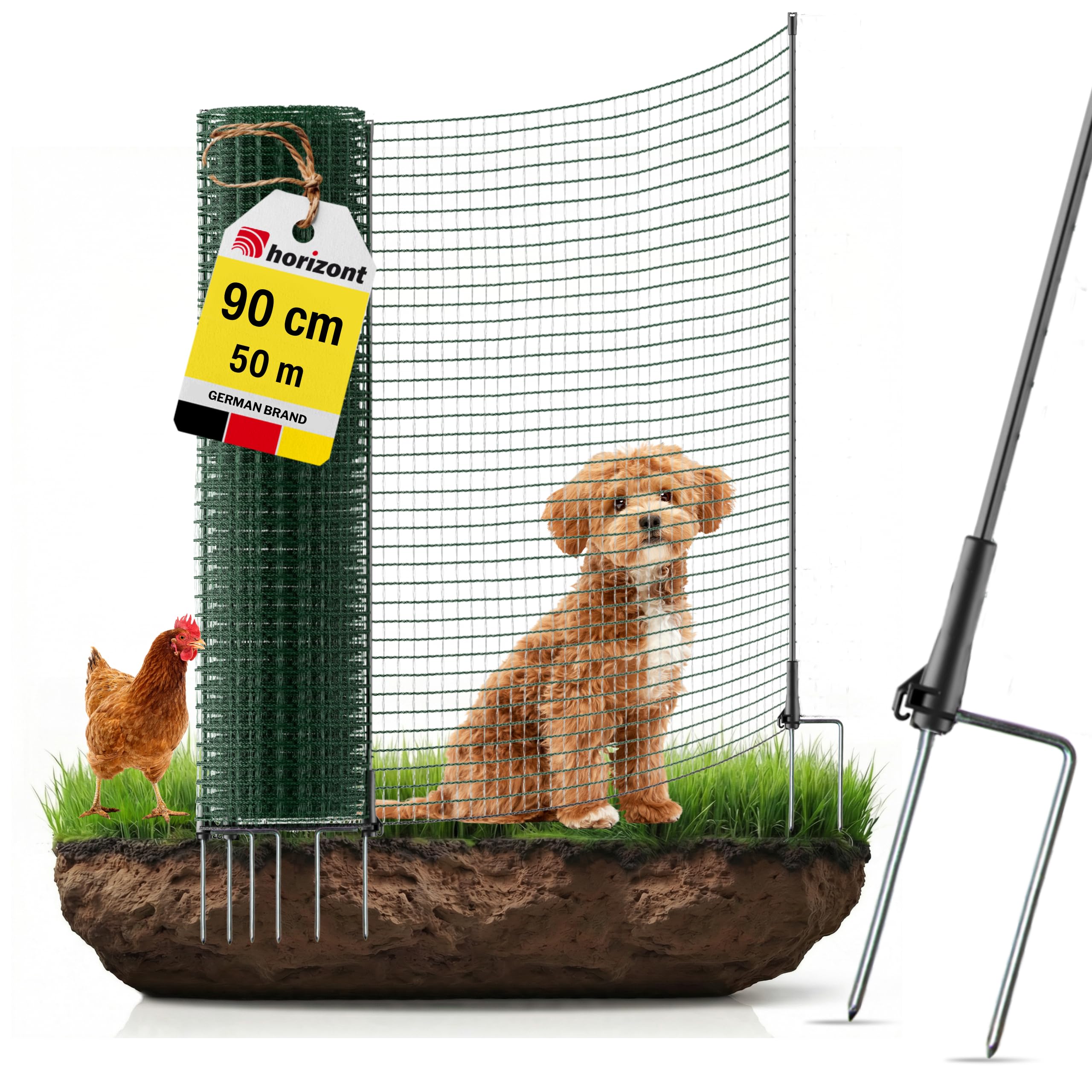 horizont Clôture pour Chien - 50 m x 90 cm - 30 piquets à Double Pointe - Maille étroite - Clôture de délimitation Fix - Clôture de Jardin à Clipser - Clôture Mobile pour Chiens et Camping | Clôture de délimitation FIX, clôture de jardin à emboîter, clôtu