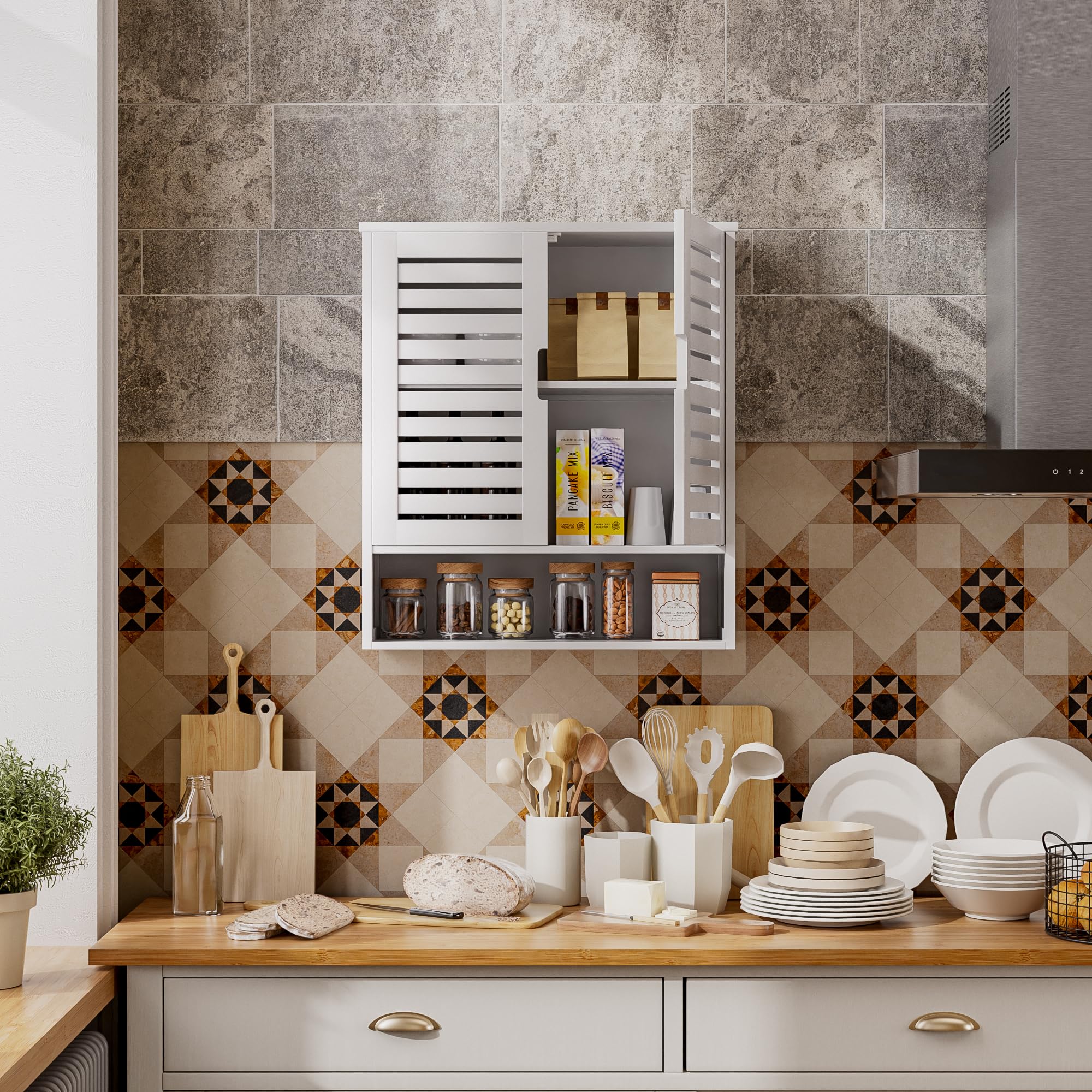 SMIBUY Armadietto da bagno montato a parete, organizzatore di stoccaggio sopra il water in bambù, armadietto medico salvaspazio con 2 porte e ripiani regolabili (Bianco)