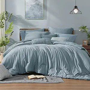 Monbix King Size Comforter Set,7 Pieces Dusty Blue Cationic Dyeing Bed in a Bag King with Comforter, Sheets, Pillowcases & Shams, All Season Reversible Bedding Comforters