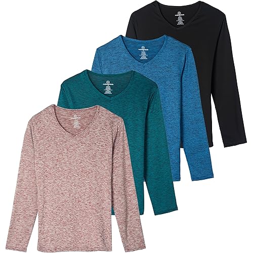 Real Essentials 4-Pack: Women's Dry-Fit Long-Sleeve V-Neck Athletic Workout Shirt (Available in Plus Size)