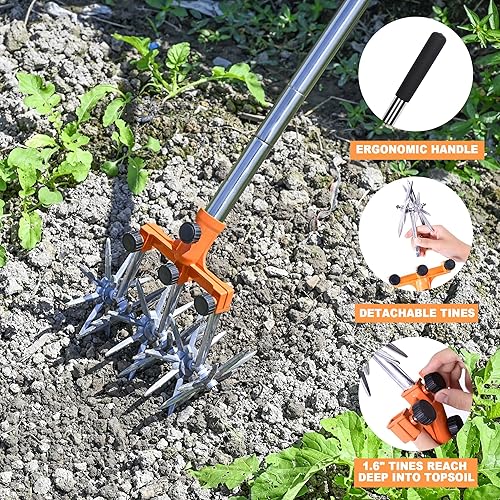 Miniatura 6 de BARAYSTUS Cultivador giratorio para jardín, postes de acero inoxidable ajustables, para mezclar o volver a sembrar césped, longitud total de 57