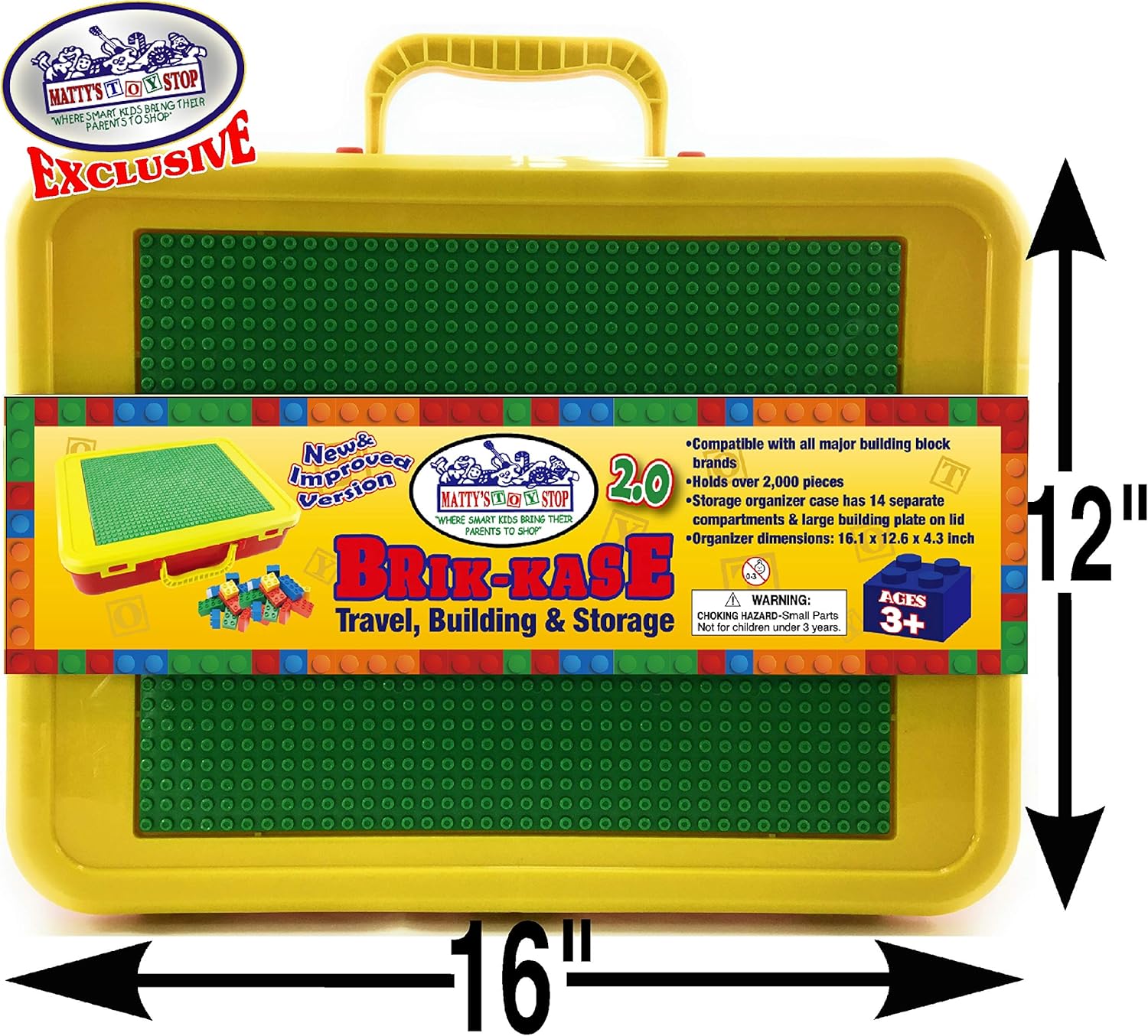 Matty's Toy Stop Brik-Kase 2.0 Travel, Building, Storage & Organizer Container Case with Building Plate Lid (Holds Approx 2000pcs) - Compatible With All Major Brands (Red, Green & Yellow)