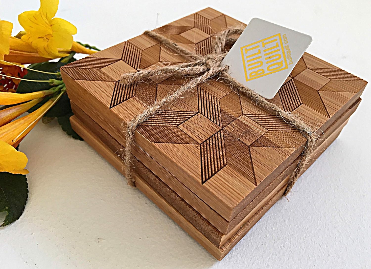 Nеw Dеаl Drink Coasters by Built Quilt, Engraved Bamboo Wood, Neutral Color, Quilt Inspired Patterns, 3.75, Set of 4 with Felt Feet (Idle Moments, Square)