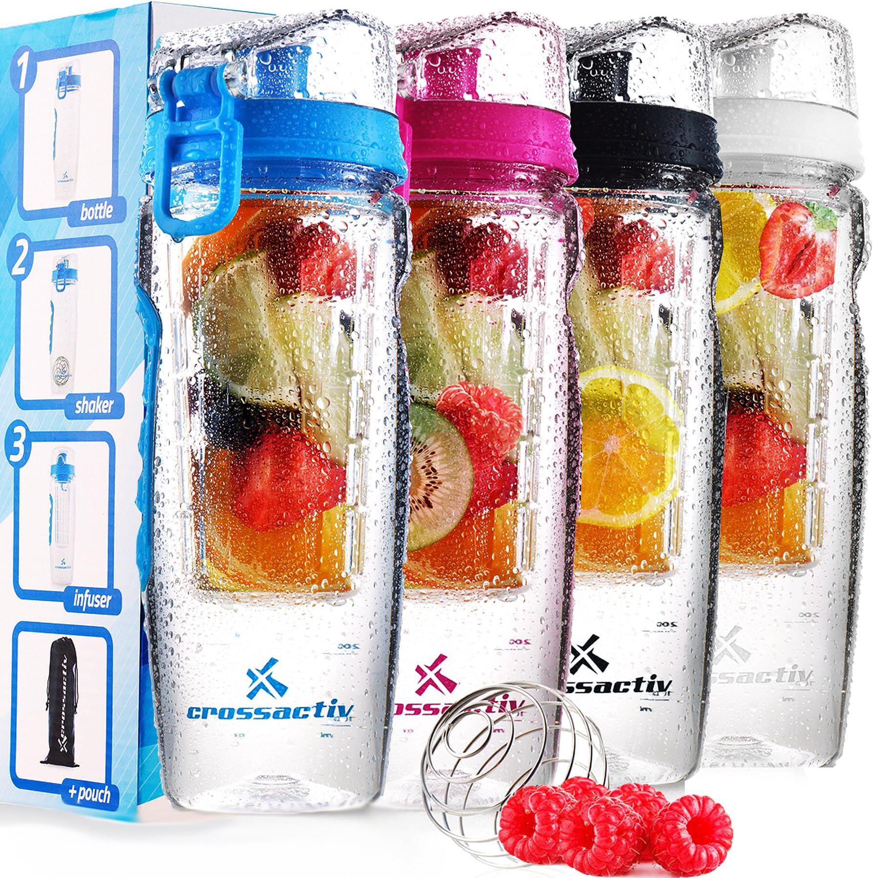 Crossactiv 32oz Fruit Infused Water Bottle - 3in1 Protein Shaker bottle + Bottle Bag + Recipe eBook with Superfood Healthy Infuser Guide! BPA Free Leakproof Fruit Infuser Combo, 32oz Capacity!