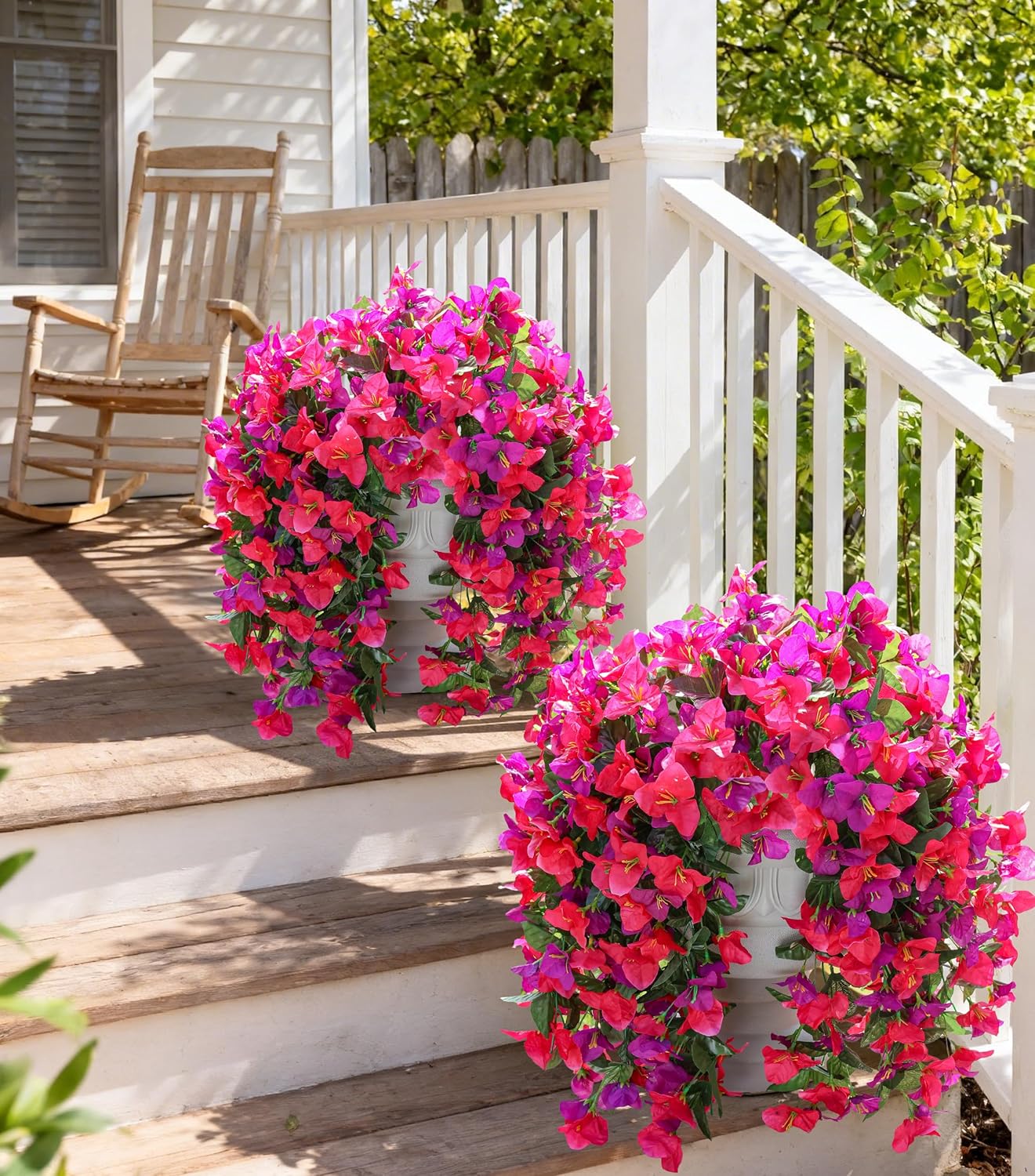 faux bougainvillea artificial flowers plants for outdoors outside decoration, 2pcs fake flowers silk long trailing vines uv resistant realistic for front door porch planter urn patio balcony yard, mix purple hot-pink