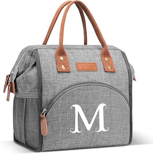 Lonchera con inicial para mujeres y mujeres, reutilizable, aislada, para adultos, bolsa de almuerzo de apertura amplia, bolsa enfriadora congelable