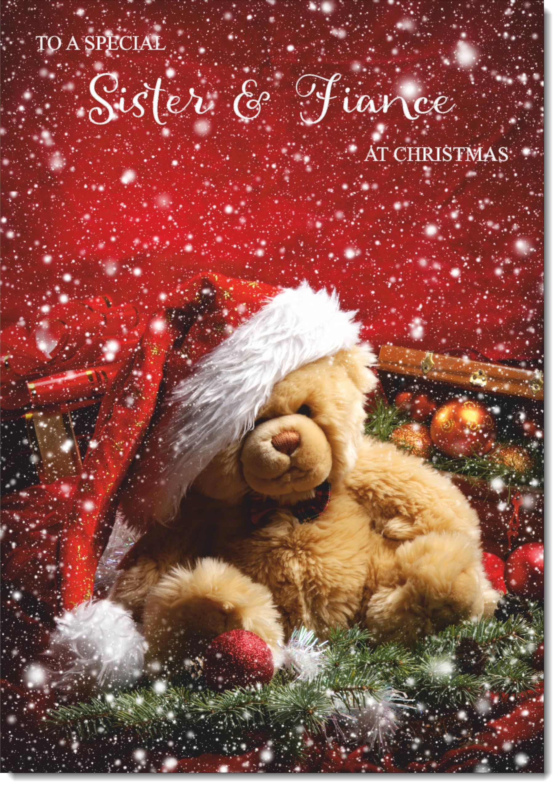 doodlecards Sister and Fiance Christmas Card Bear with Santa Hat Large A4 Size Christmas Card for Sister & Fiance with Plain Envelope