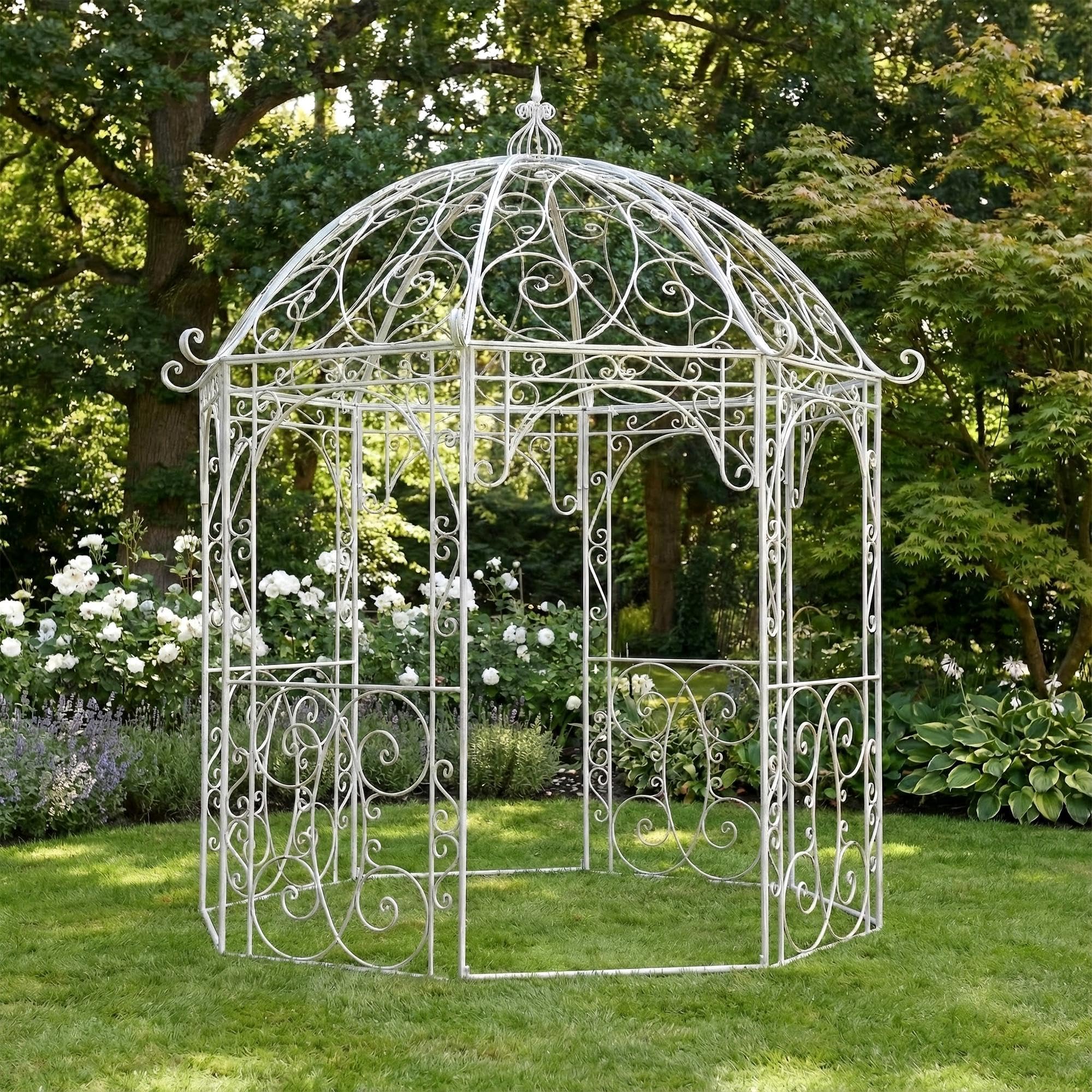 CLP Arche de Jardin avec Pavillon LEILA Rond Ø 229 cm, Arche de Jardin en Métal. Arche à Rosiers en Fer avec un beau design, Hauteur: 313 cm, Arceau à Rosier, Pavillon de Jardin en fer forgé, 6 Couleurs au Choix blanc