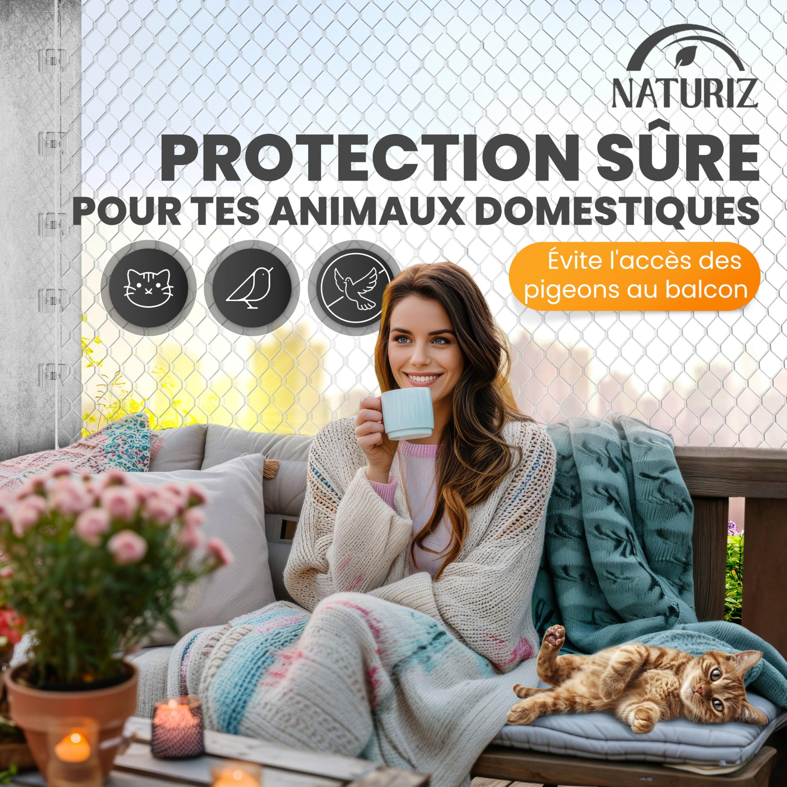 Naturiz Filet de protection pour chat balcon 3 x 8 m renforcé fil de fer transparent blanc crochet adhésif