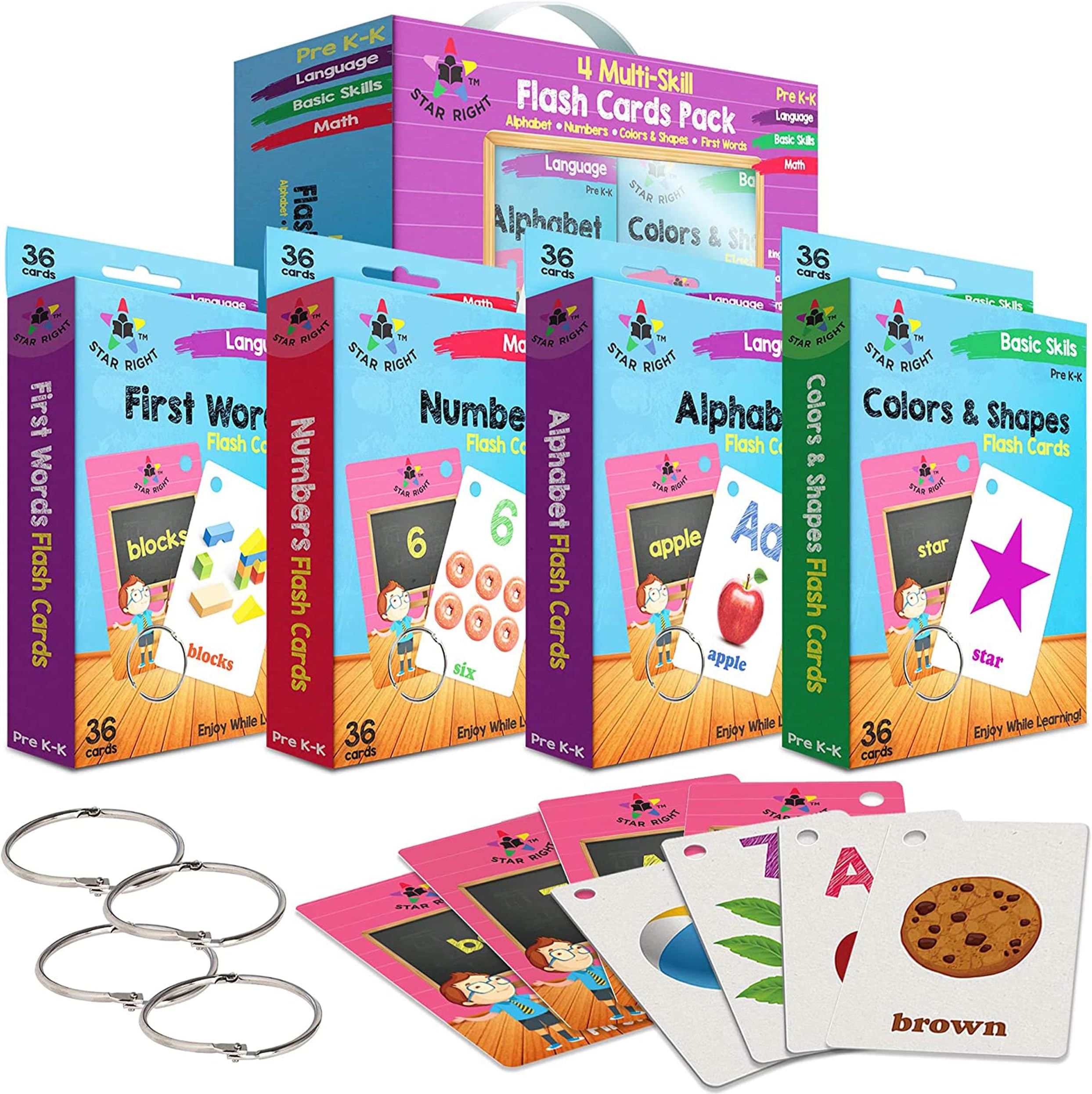 Star Right Flash Cards Set of 4 - Numbers, Alphabets, First Words, Colors & Shapes - Value Pack Flash Cards with Rings for Pre K - K