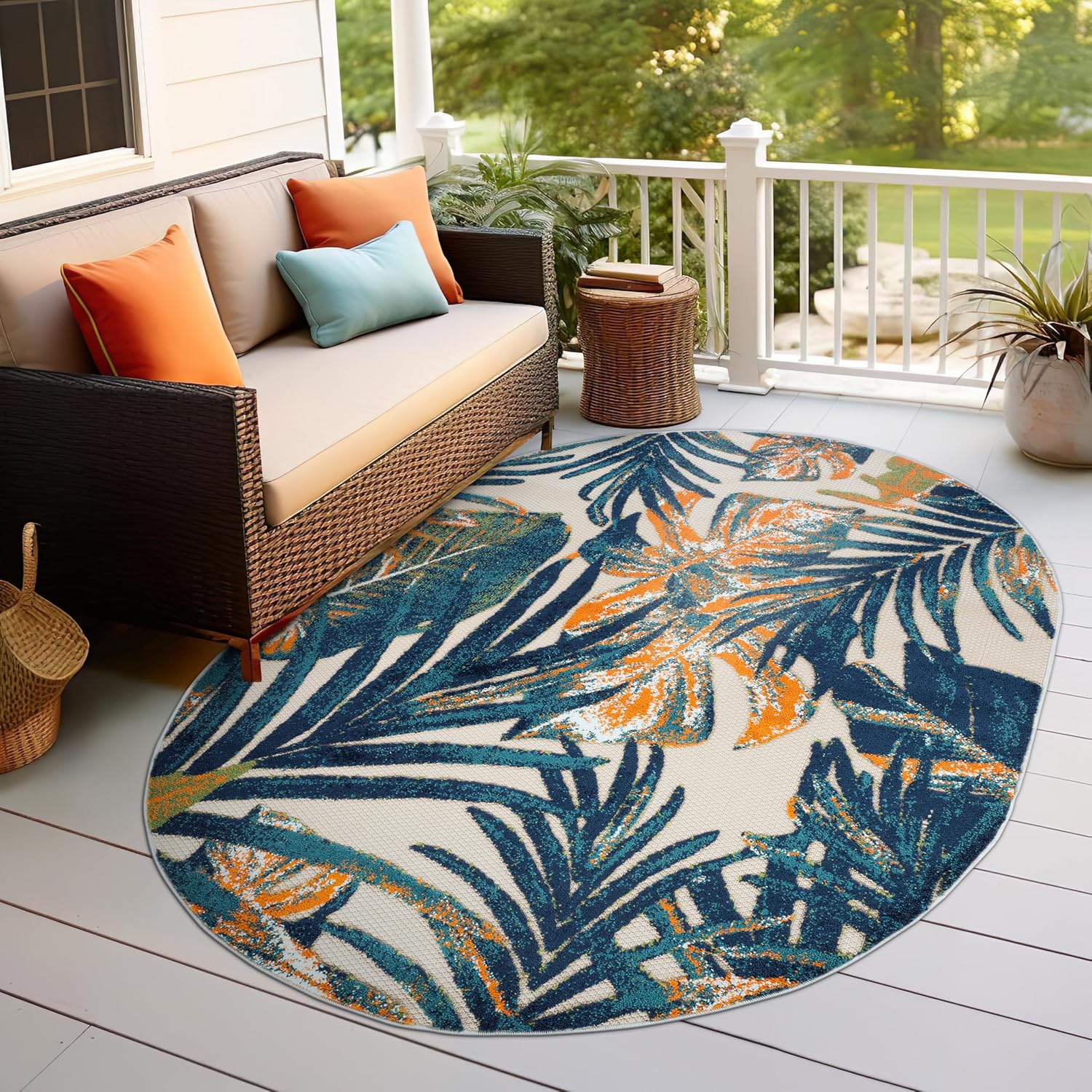 Rugshop Tropical Floral Leaves Indoor/Outdoor Area Rug Durable Polypropylene, Non-Shedding, Easy to Clean, Perfect for Patio, Backyard, Deck and Outdoor Lounge, High Traffic Areas, 5' x 7' Oval