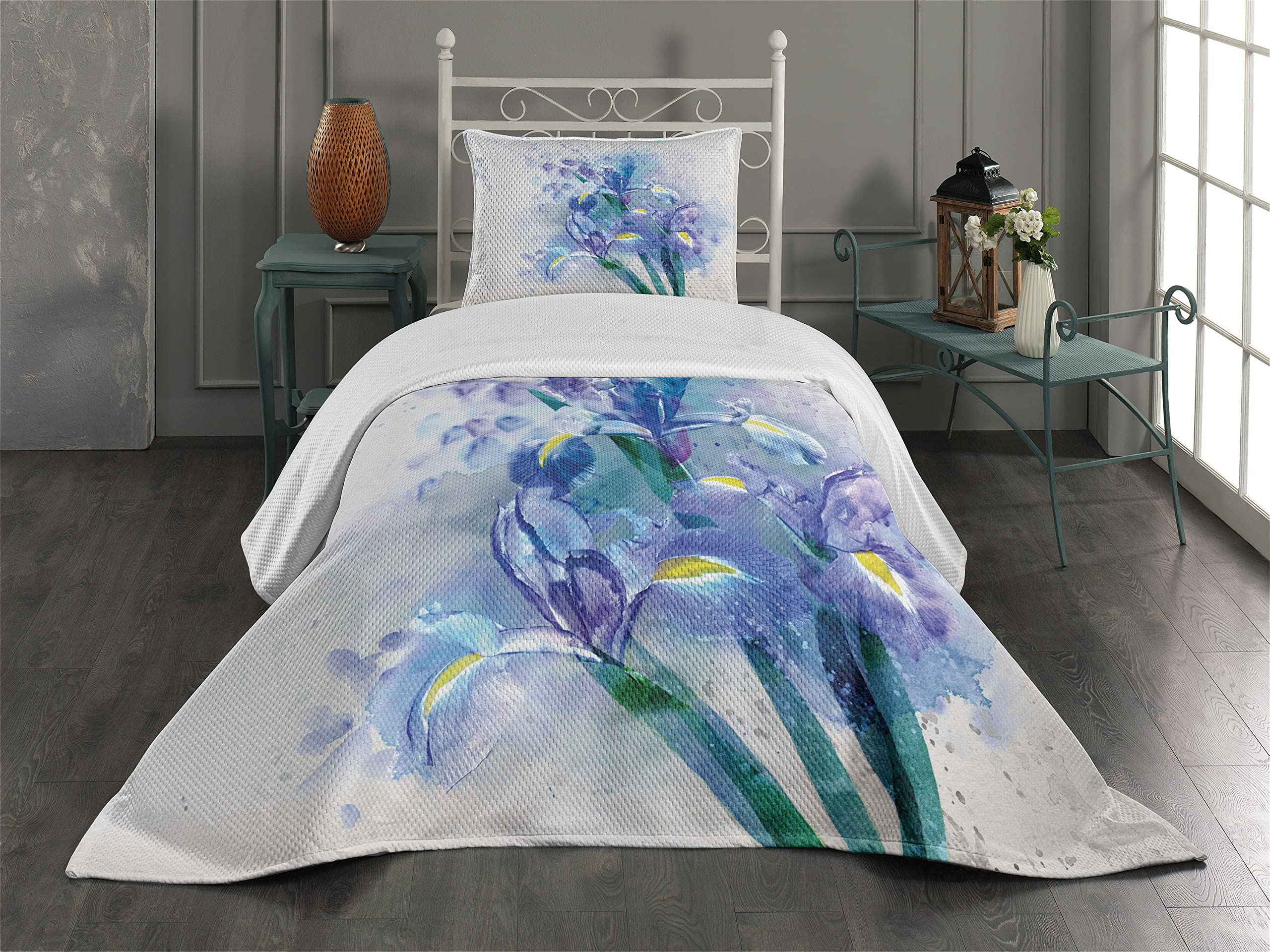 Ambesonne Watercolor Flower Coverlet, Floral Background Irises in Fresh Colors Nature Earth, 2 Piece Decorative Quilted Bedspread Set with 1 Pillow Sham, Twin Size, Lilac Teal Ecru