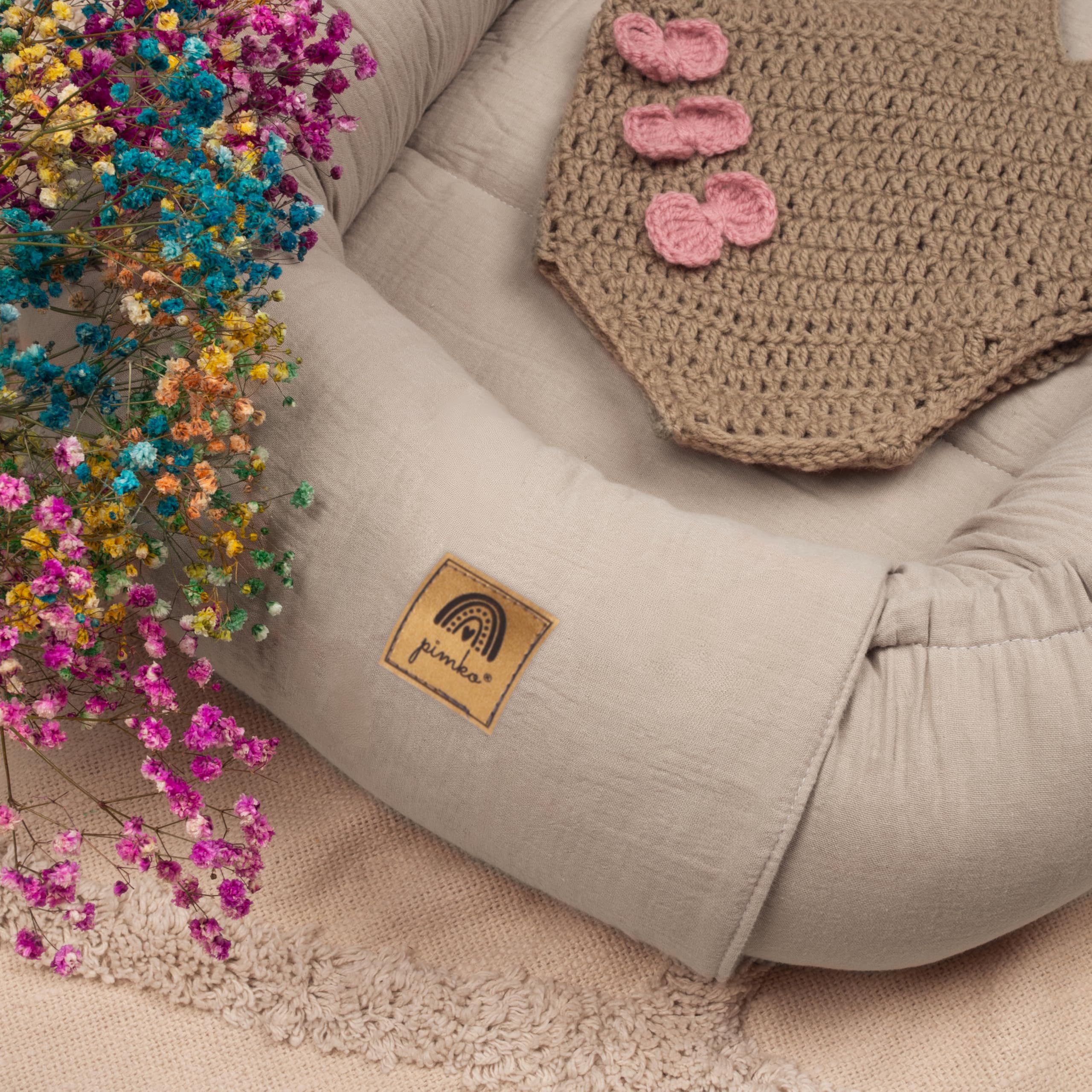 PIMKO Babynest Babynestchen für Baby Kuschelnest Babykokon für Säuglinge und Neugeborene Nestchen 60 x 90 cm 100% Baumwolle Musselin - Beige Latte