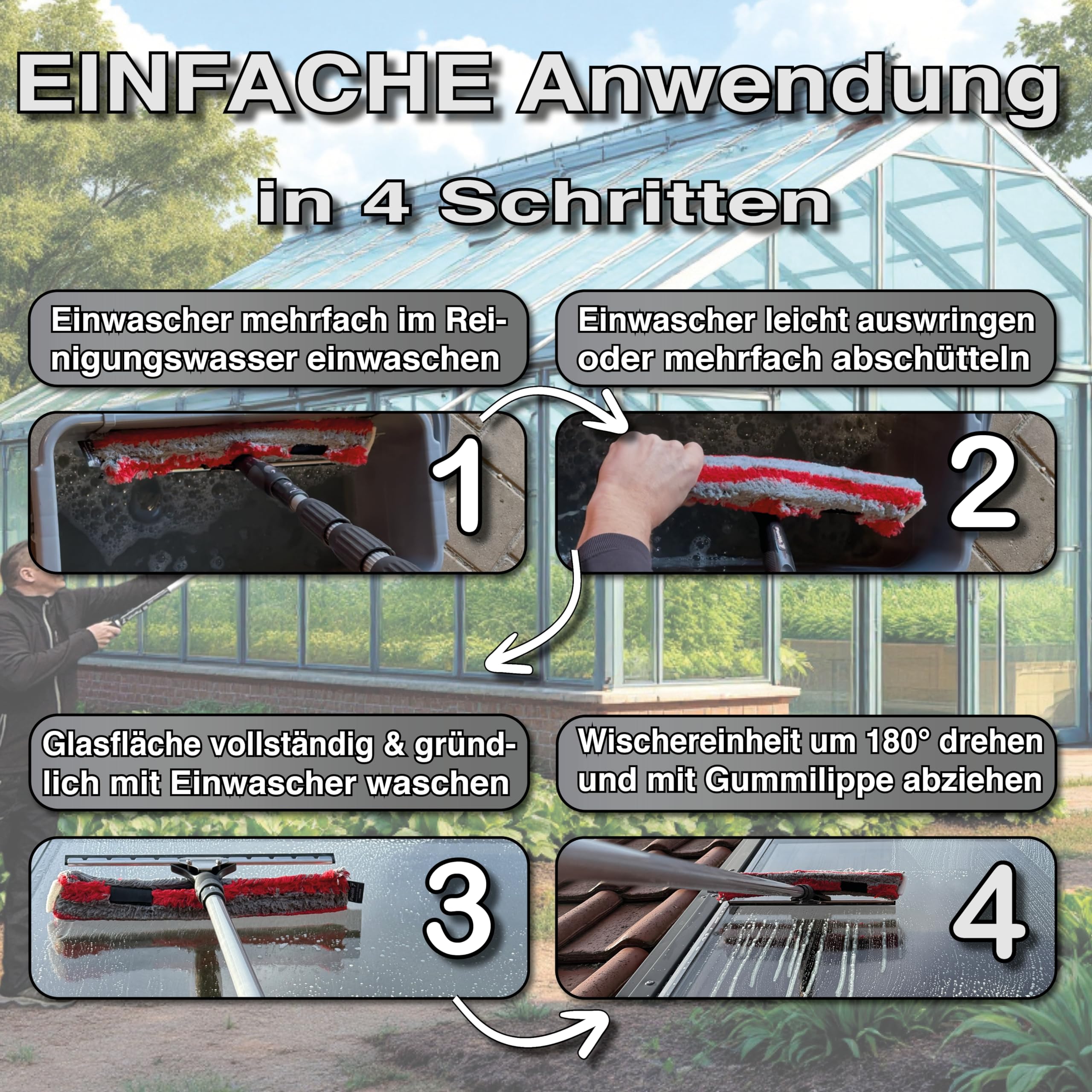 FenWi 6m Teleskop Fensterputzer Profi Set mit Abzieher und Wischer 45/50cm | 45cm Gummilippe, Kombi Fensterwischer, Gelenk Alu Teleskopstange 600 cm, für Wintergarten, breite Fenster und Solar Reinigung