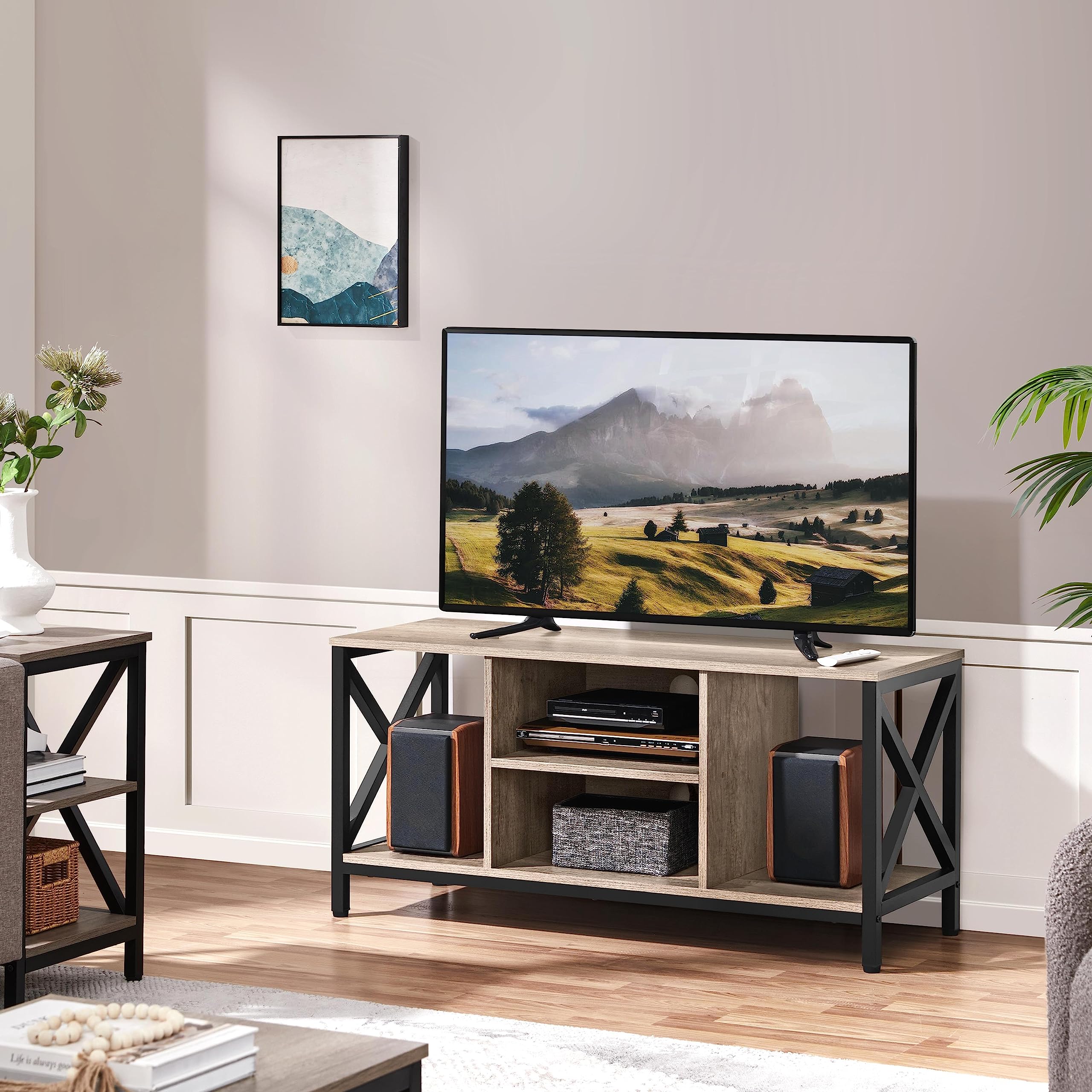 Yaheetech TV Stand for 50 Inch TV, Industrial TV Cabinet with X-Shape Structures & Open Storage Shelves, Media Entertainment Centre for Living Room, Grey
