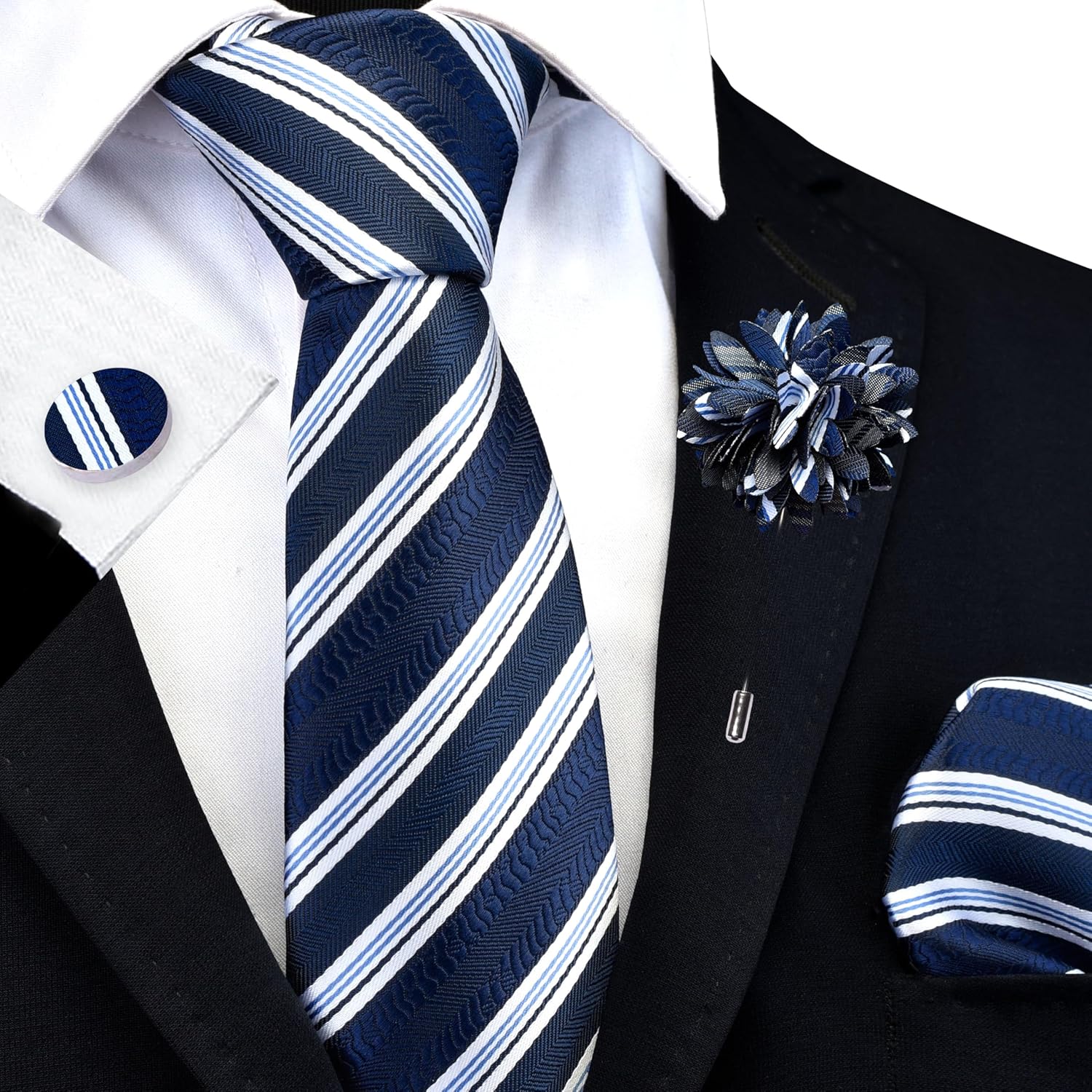 GUSLESON 3.15"(8cm) Striped Tie for Men With Lapel Pin Necktie Hankerchief Cufflinks Set - Image 2