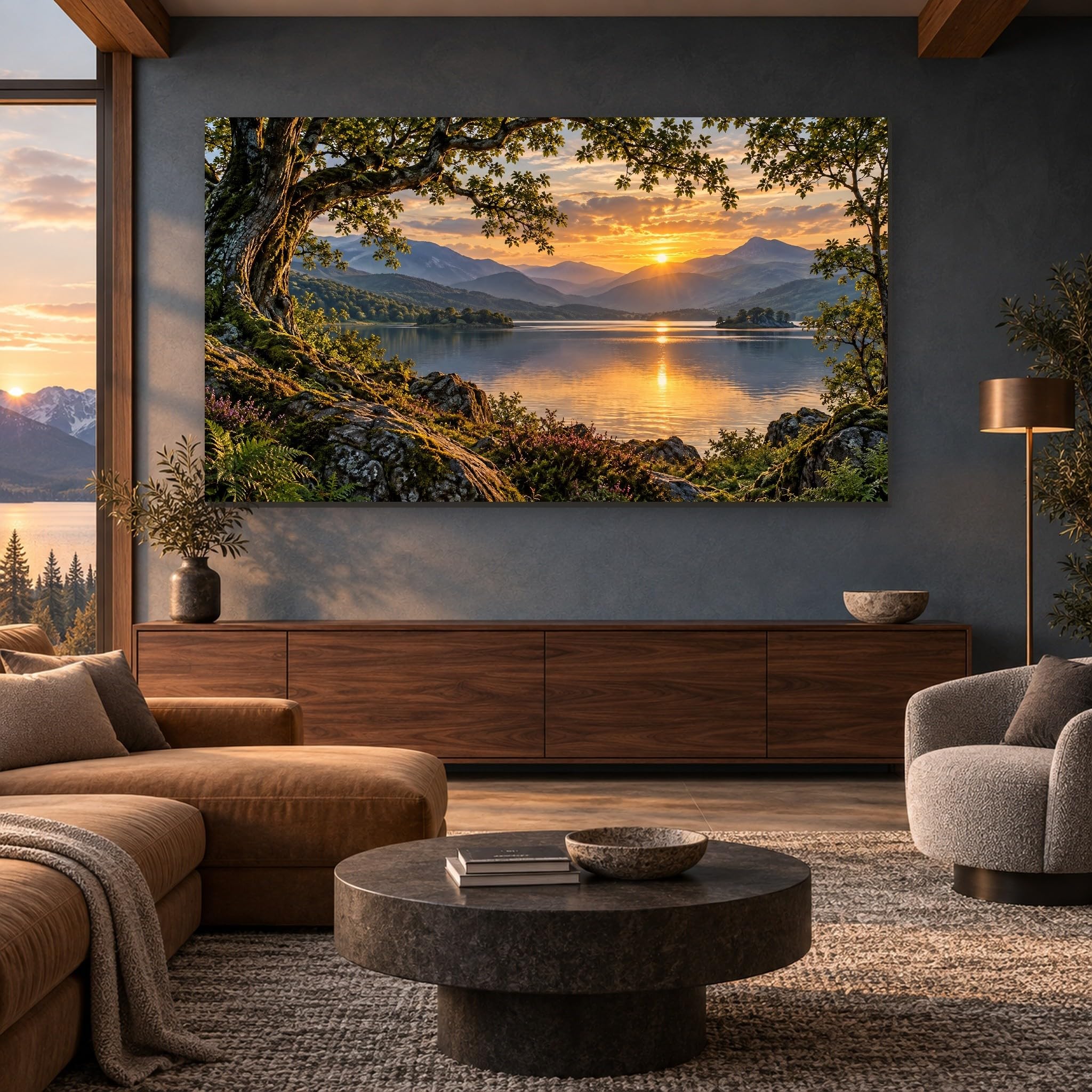 Mountain Lake Sunset Large Canvas Wall Art, 50x100cm, Unframed Artwork