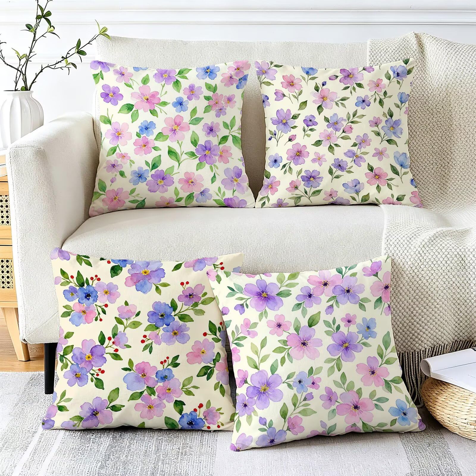 Viola Federe Cuscini Divano 40x40cm, Cuscini da Esterno Set de 4, Cod-144 | Lin Copricuscini Decorativi Letto Arredo, per Letto, Soggiorno, Giardino, Esterno, Casa Decorazione Set di 4 Fiore