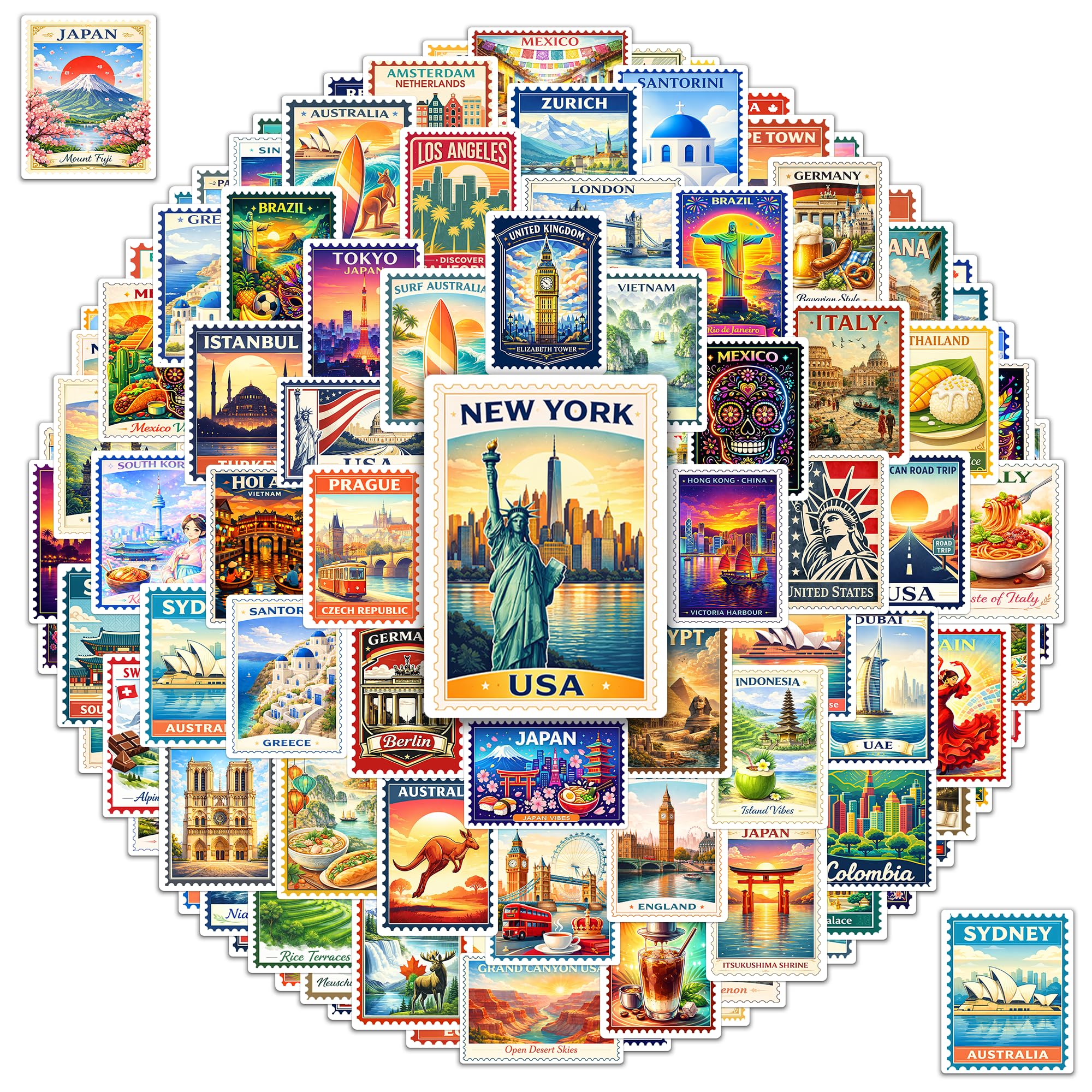 World Travel Stamp 100 Pcs Stickers Pack, Country Postage Cities