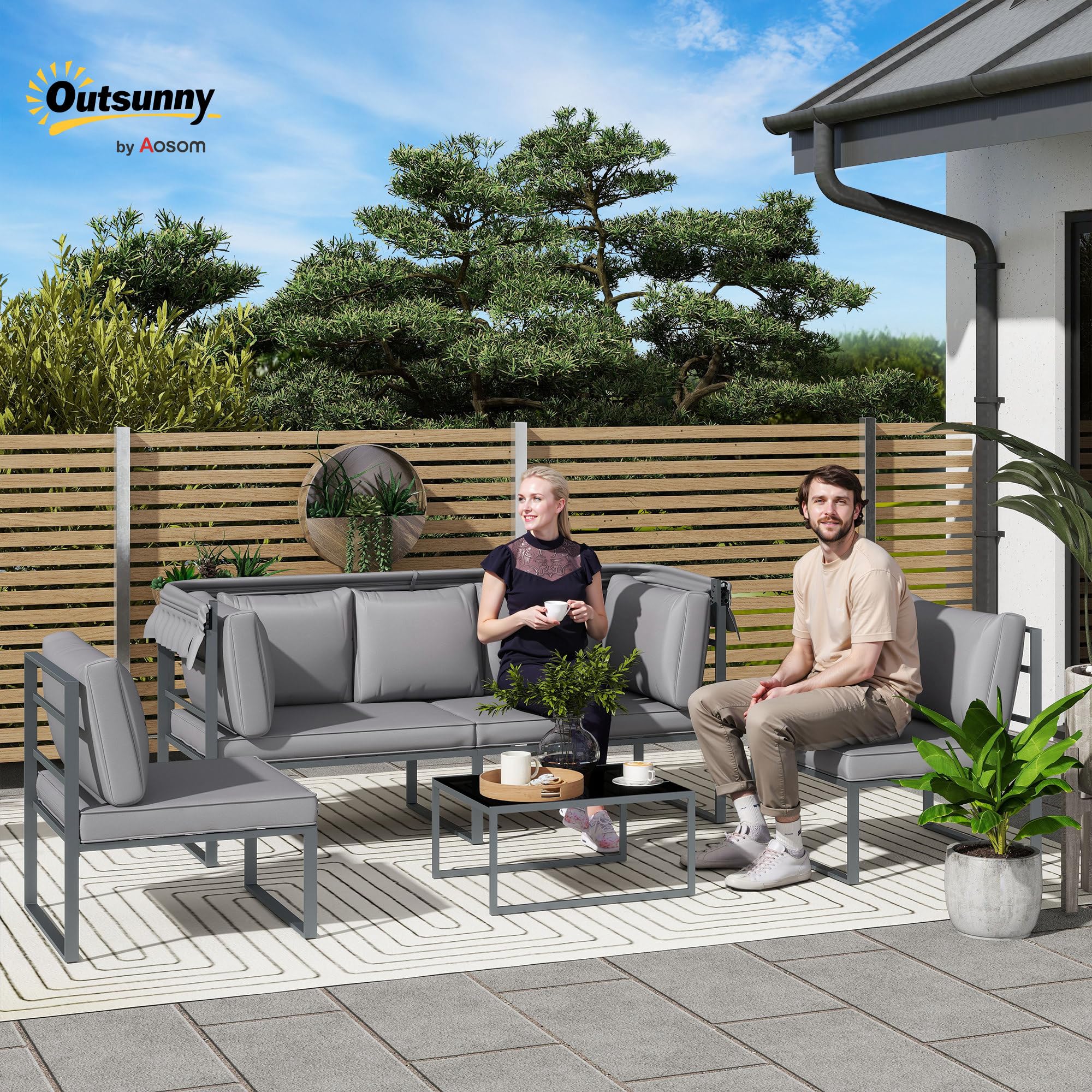 Outsunny Salon de Jardin extérieur 4 pièces modulaire avec canapé 3 Places, 2 fauteuils et Table Basse en Verre trempé, mobilier de Jardin avec Coussins Inclus pour terrasse ou véranda, Gris