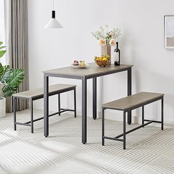 Kitchen Dining Table with 2 Benches for 4, 43.3 inch Industrial Bar Table Set for Breakfast Nook, Small Kitchen, Apartment, Living Room, Modern Counter Height Dining Table Set with Steel Frame