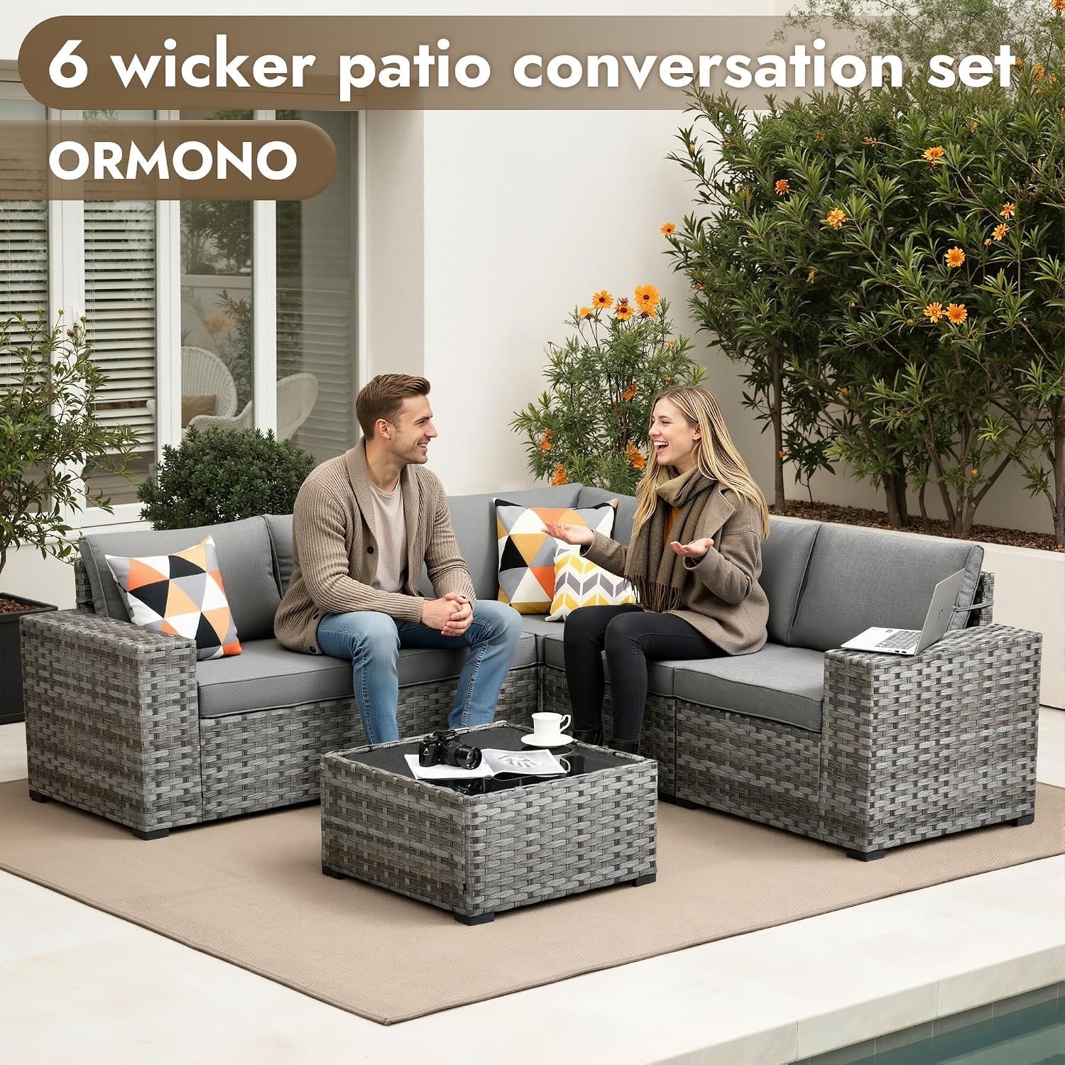 6 Pieces Patio Furniture Set, Wicker Outdoor Sectional Sofa with Coffee Table Comfy Cushions,Modern Modular Deep Seat Rattan Couch Conversation Set for Backyard Porch Yard,Dark Grey