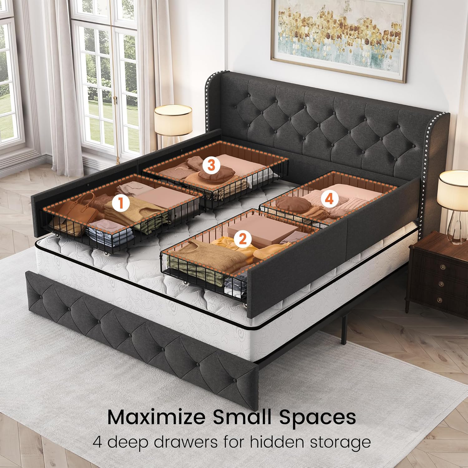 LARMACE Upholstered Queen Size Bed Frame with 4 Storage Drawers and 47.2" Tall Wingback Headboard Tufted Platform Bed Frame Linen Beds with Wooden Slats Support, Easy Assembly, Dark Grey