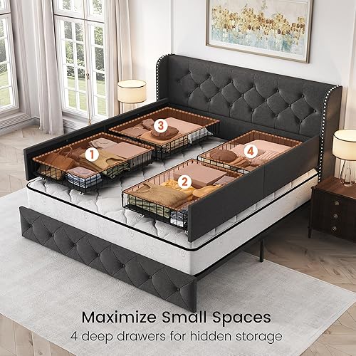 Miniatura 22 de LARMACE - Marco de cama tamaño King con 4 cajones de almacenamiento y cabecera tapizada con botones, cama de plataforma tapizada en lino con