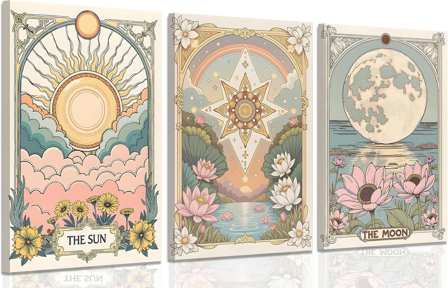 3pcs Framed Sun and Moon star Canvas Wall Art Tarot Crescent Moon Picture Wall Decor Wildflowers Painting Posters for Bedroom Living Room Home Decor