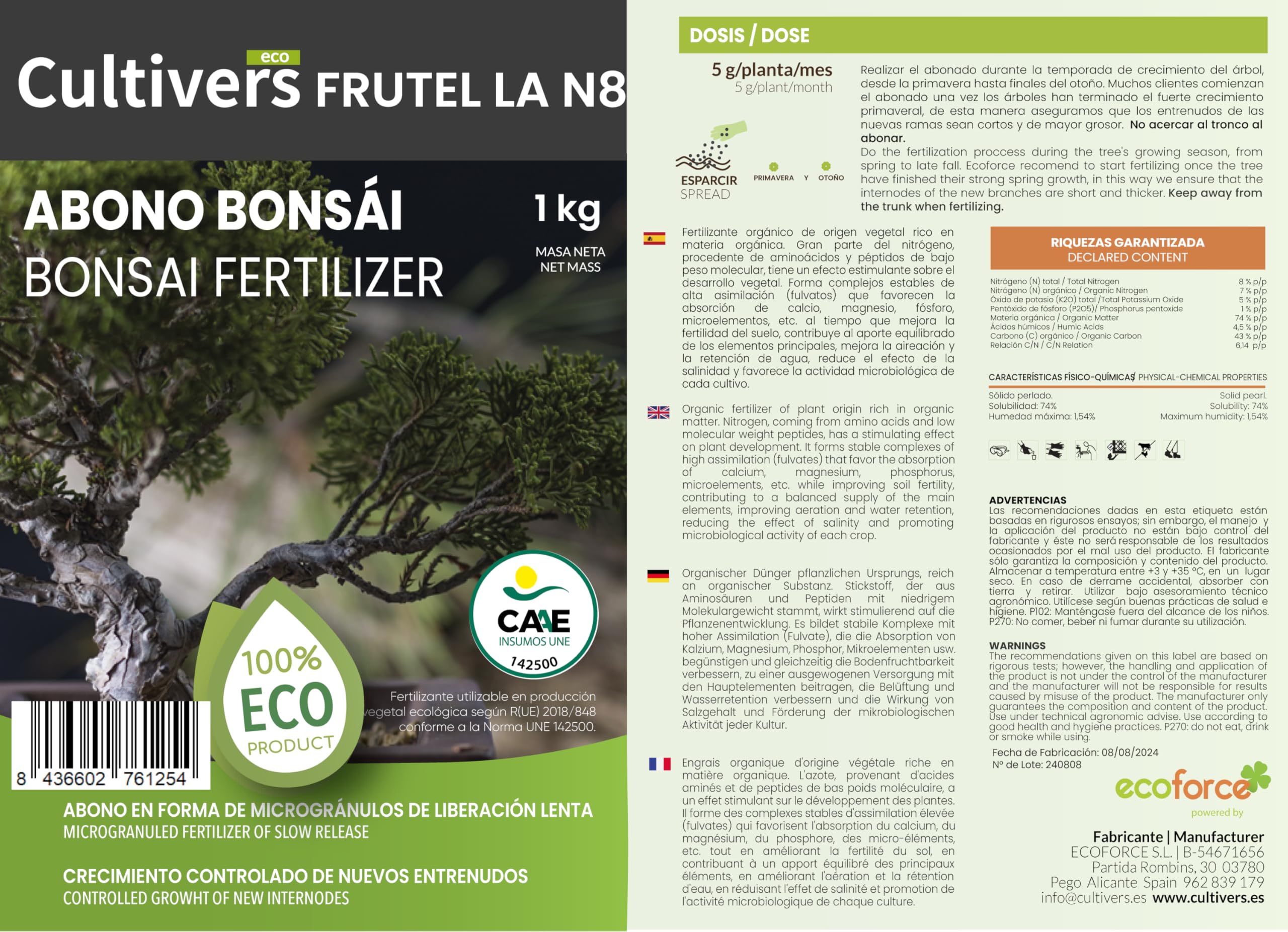 Engrais bonsaï écologique CULTIVERS 250 g fertilisant granulé NPK 8-1-5 74% matière organique