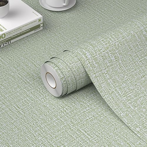 WADILE Grasscloth Peel and Stick Wallpaper 15.7in x 393.7in, Textured Contact Paper for Cabinets, Faux Linen Wall Paper Pull and Stick, Fabric Vinyl Wallpaper Self Adhesive Light Green