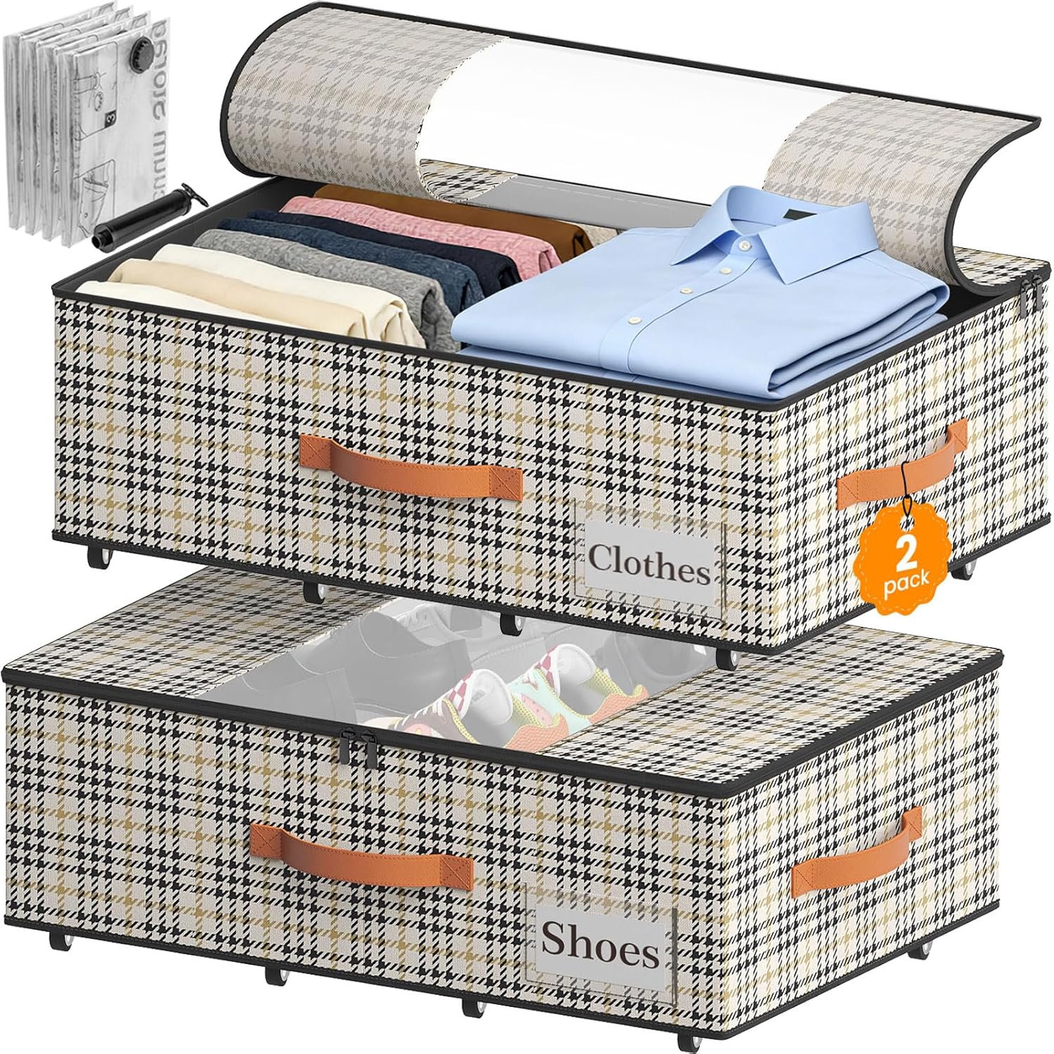 2-Pack Under Bed Storage Bins with Wheels and 4 Vacuum Seal Bags, Heavy Duty 80lbs Capacity,7.9" Height Clear Lid Organizer for Dorm Bedroom Clothes Shoes Toys,Quick Assembly Space Saver Houndstooth
