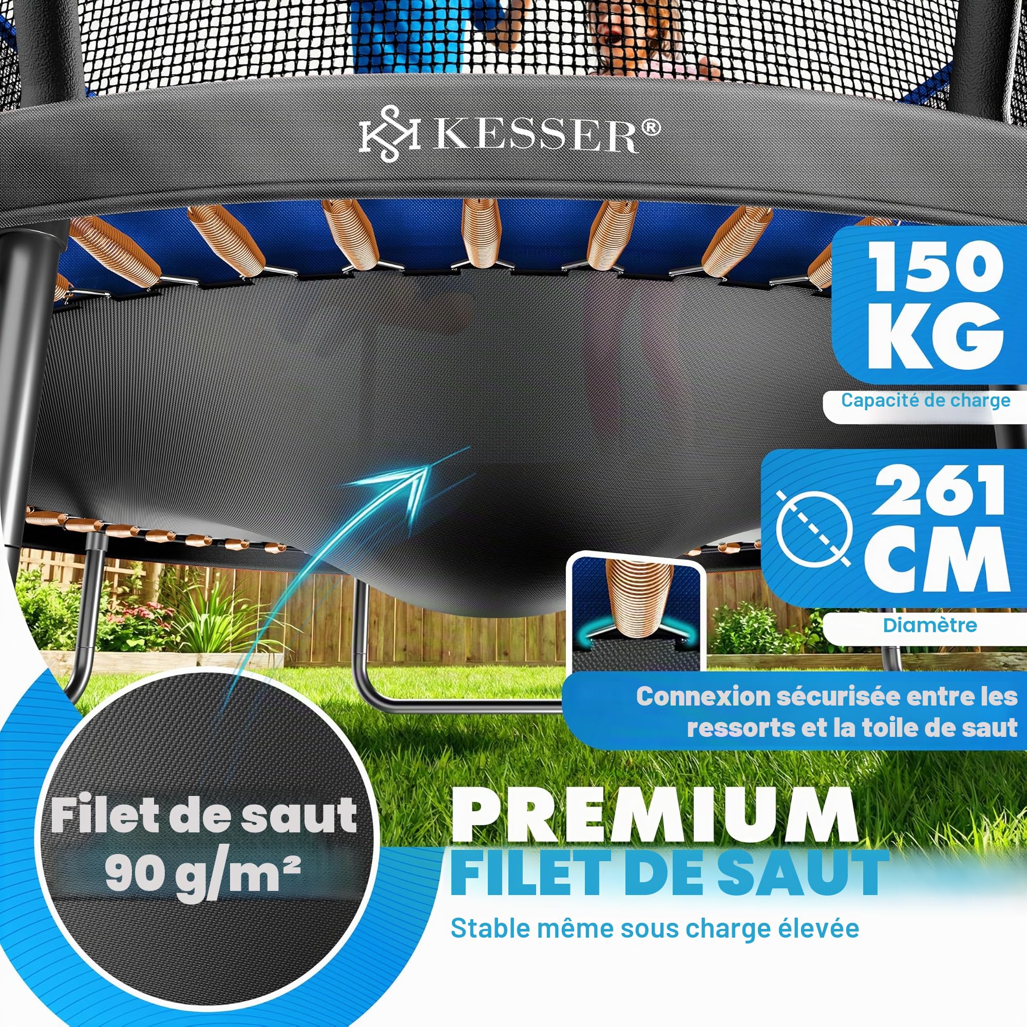KESSER Trampoline d'extérieur Ø 244/305/366/427 cm, certificat GS, trampoline de jardin pour enfants et adultes < 150 kg avec filet de sécurité, sac, échelle, housse de bord et barres de filet