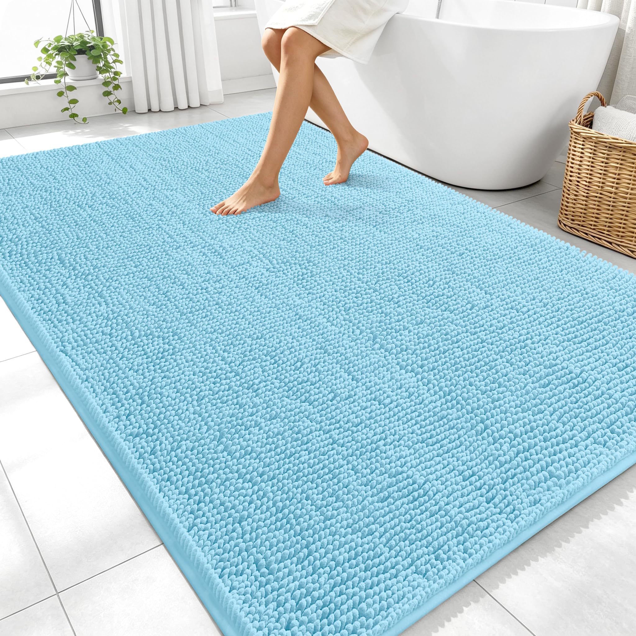 OLANLY Large Bathroom Rugs 70x46, Extra Soft Absorbent Chenille Bath Rugs | Sky Blue, Quick-Drying Rubber Backing, Machine Washable Bath Mat for Bathroom Floor, Tub and Shower, Home Decor Accessories