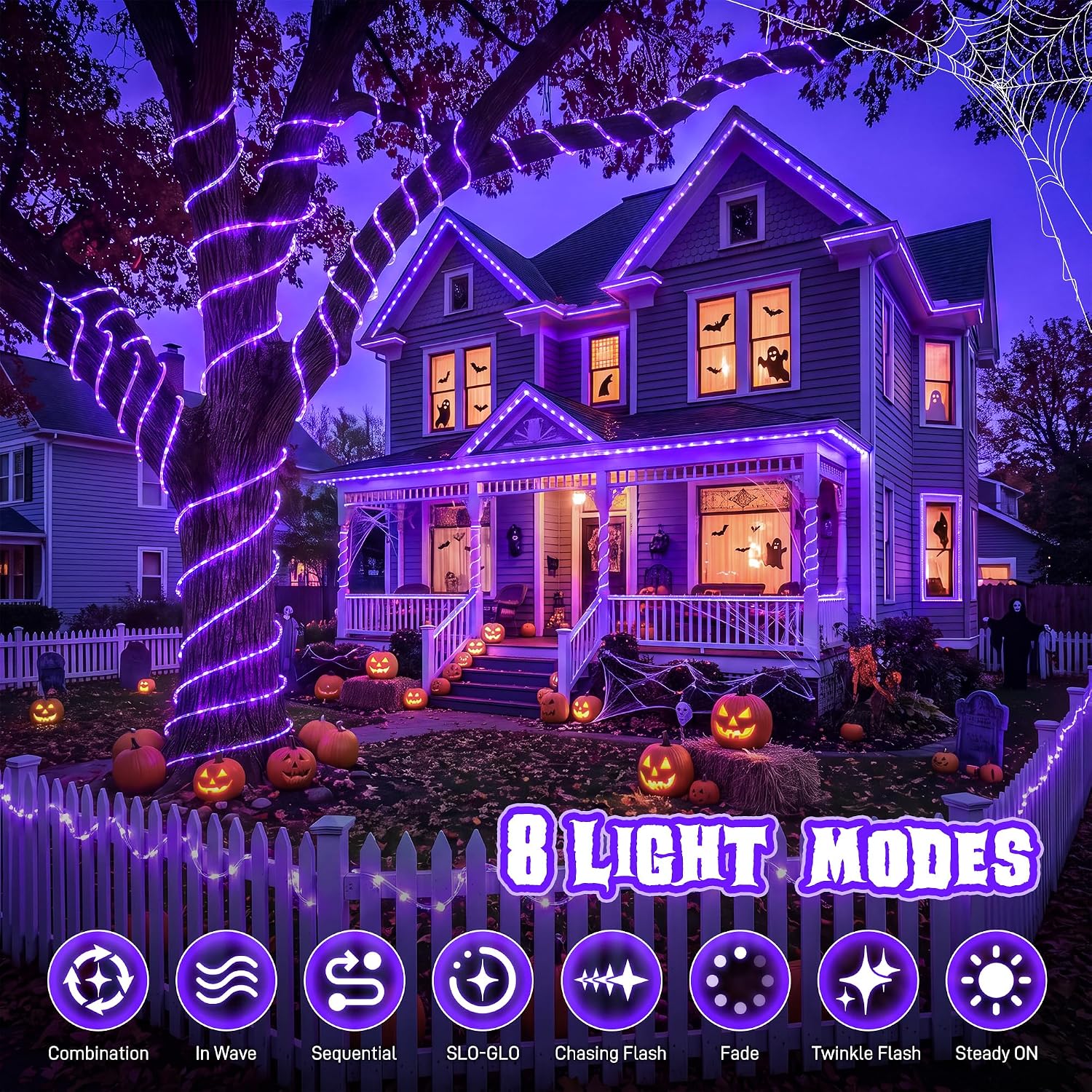 2 Pack Battery Operated Purple Rope Lights ,Halloween String Lights 200 LED