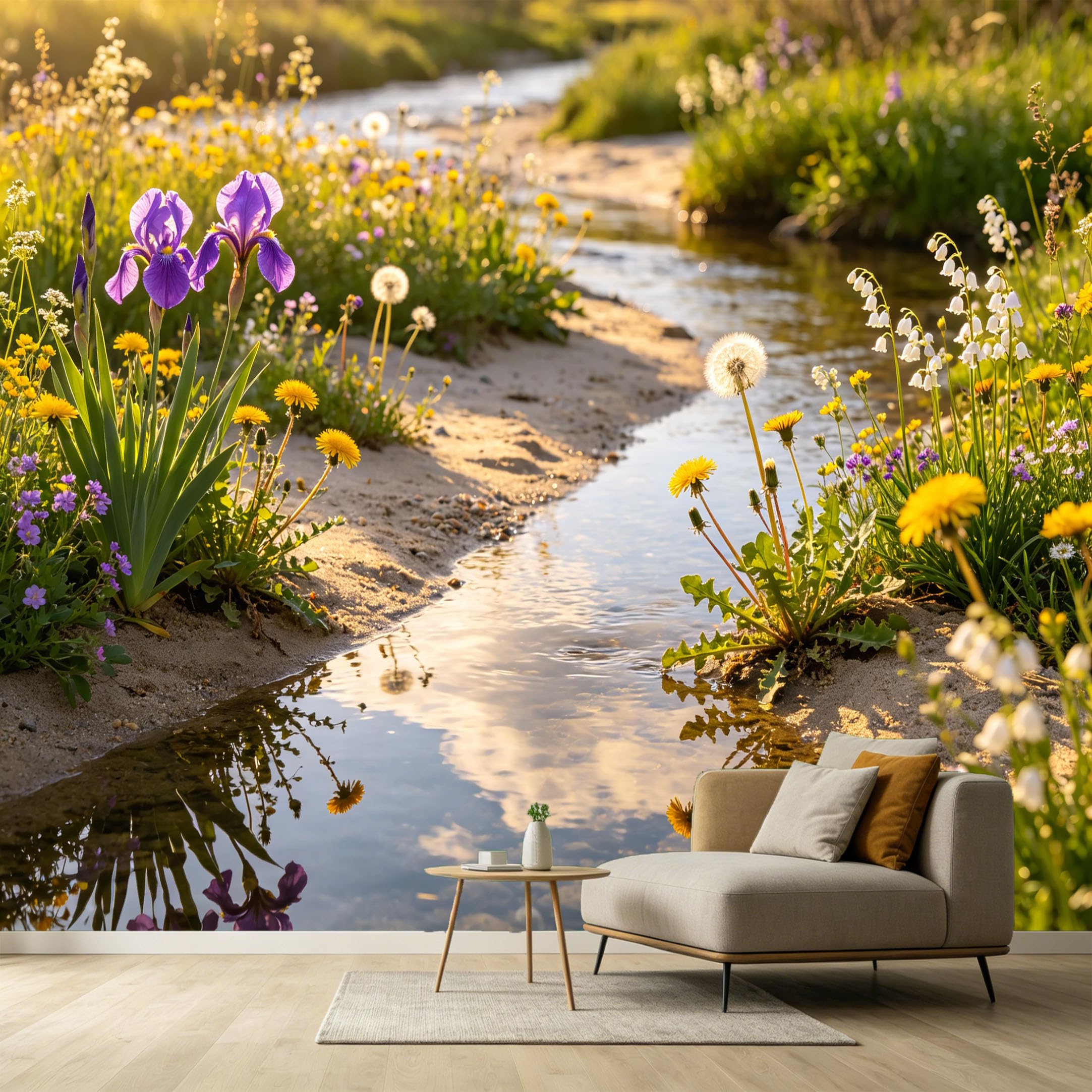 Custom Size Wall Murals Botanical Landscape Wildflower Creek Watercolor Flowing Water Sunlit Shore SelfAdhesive Wall Fabric Removable Large Wallpaper for Photo Living Room