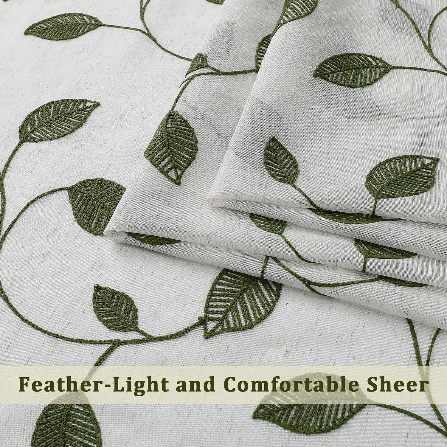 OVZME Sage Green Sheer Curtains 63 Inch Length 2 Panels, Leaf Embroidery Linen Textured Light Filtering Sheer Curtains for Dining Room Bedroom, Rod Pocket Farmhouse Window Drapes, 2x40Wx63L Inches
